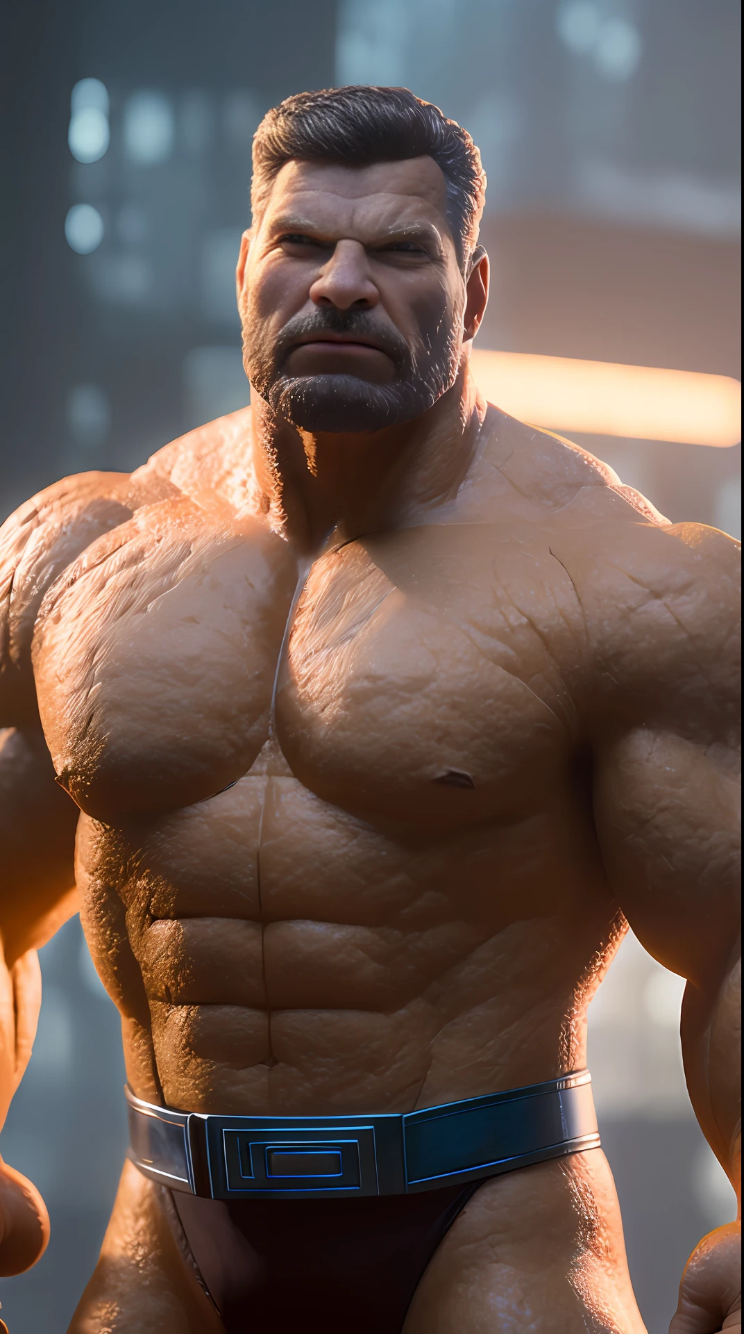 Cinematic soft lighting illuminates a stunningly detailed and ultra-realistic Ben Grimm The Thing of the Fantastic Four, blue uniform that is trending on ArtStation. Octane is the perfect tool to capture the softest details of this 16k photography masterpiece