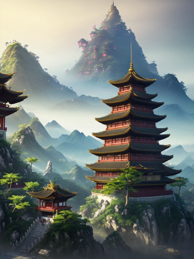 arafed mountain with a pagoda in the middle of it, cyberpunk chinese ancient castle, chinese landscape, beautiful render of a landscape, realistic fantasy render, unreal engine 4k wallpaper, chinese fantasy, 8k high quality detailed art, digital painting of a pagoda, 4k highly detailed digital art, unreal engine fantasy art, beautiful render of tang dynasty, floating mountains
