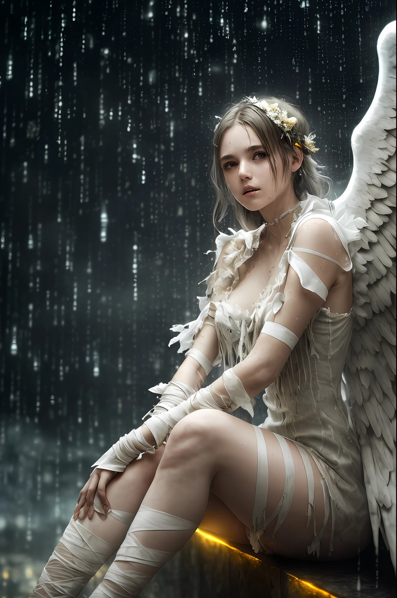 a woman with angel wings, in a white dirty torn dress with bandages on her arms and legs, sitting on a ledge, sitting against the background of yellow and blue lights, rain, muted colors, bokeh ((masterpiece, best quality)), high detail, detailed face, blood particles, full body