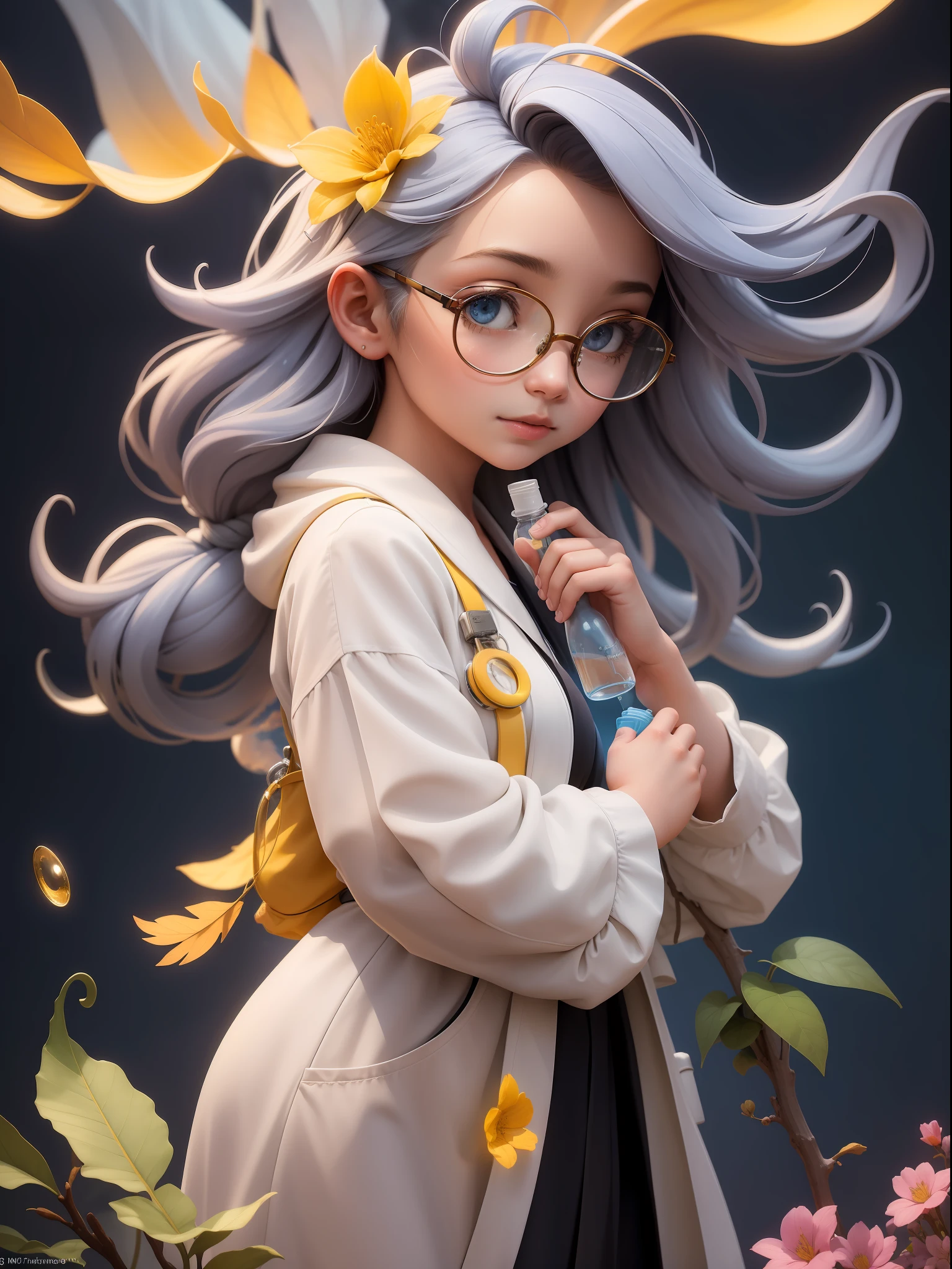 (Masterpiece: 1.5), (Best Quality: 1.5), High Resolution, High Detail, 3DMM,1 Girl, Solo, Scientist, Glasses, White Robe, Holding Measuring Bottle with Yellow Liquid in Hand, Side Face Looking Up at Measuring Bottle, Low Contrast, Vivid Lighting, Enchanting Elegance, Atmospheric Depth, Superb Technique, Naturalistic Expression, Harmonious Composition, Creative Improvement, Striking Juxtaposition, Evocative Tones, Enchanting Colors, Dramatic Lighting, 1Girl, Solo , research station, outdoors, spirituality, peace,