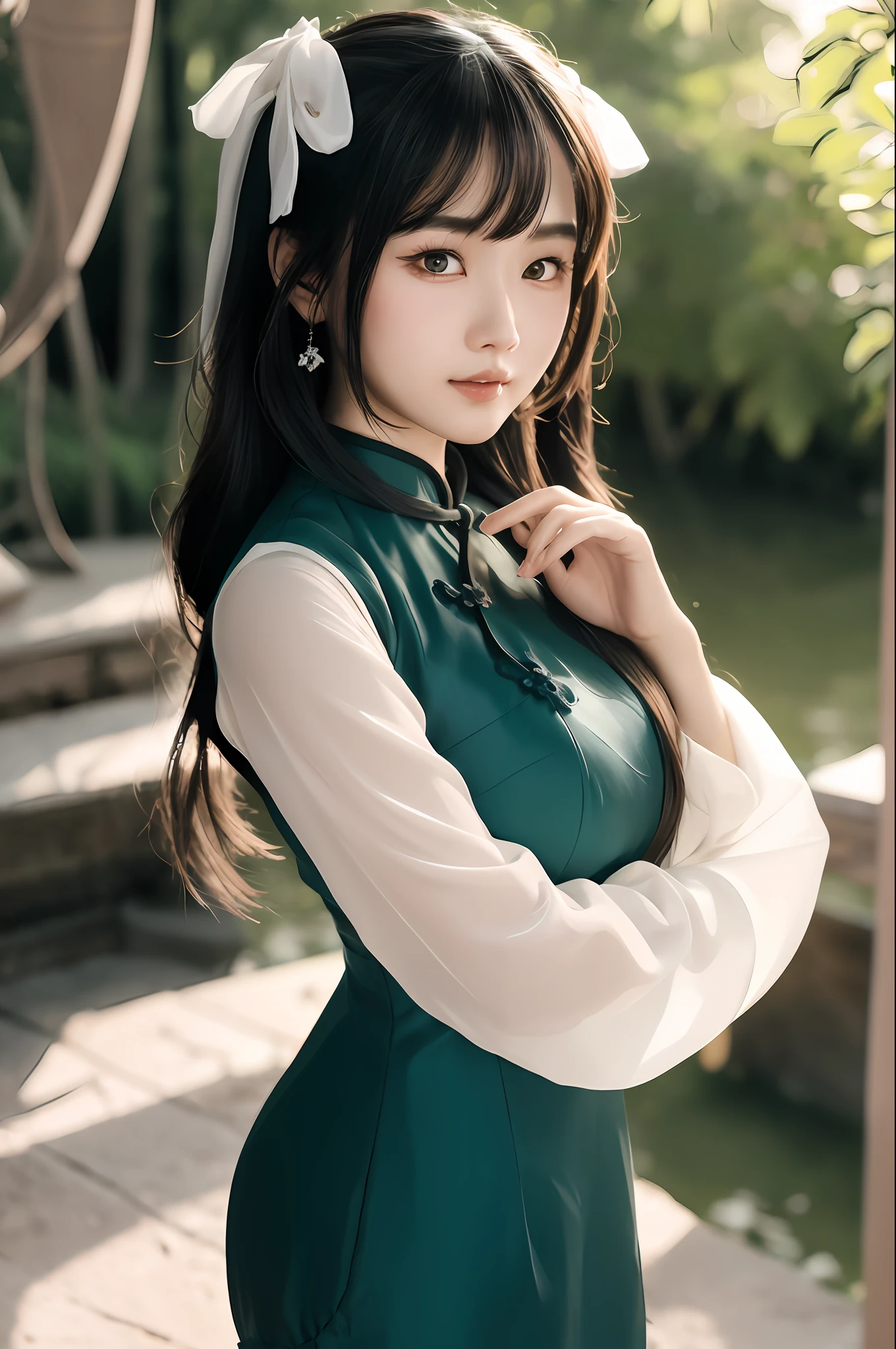 best quality ,masterpiece, illustration, an extremely delicate and beautiful, extremely detailed ,CG ,unity ,8k wallpaper, Amazing, finely detail, masterpiece,best quality,official art,extremely detailed CG unity 8k wallpaper,absurdres, incredibly absurdres, huge filesize, ultra-detailed, highres, extremely detailed,beautiful detailed girl, extremely detailed eyes and face, beautiful detailed eyes,light on face,cinematic lighting,1girl,looking at viewer,outdoors, ao dai , showing behind thin  ao dai, masterpiece,ultra realistic,32k,extremely detailed CG unity 8k wallpaper, best quality