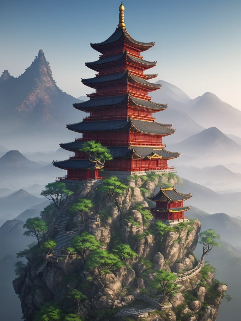 arafed mountain with a pagoda in the middle of it, cyberpunk chinese ancient castle, chinese landscape, beautiful render of a landscape, realistic fantasy render, unreal engine 4k wallpaper, chinese fantasy, 8k high quality detailed art, digital painting of a pagoda, 4k highly detailed digital art, unreal engine fantasy art, beautiful render of tang dynasty, floating mountains