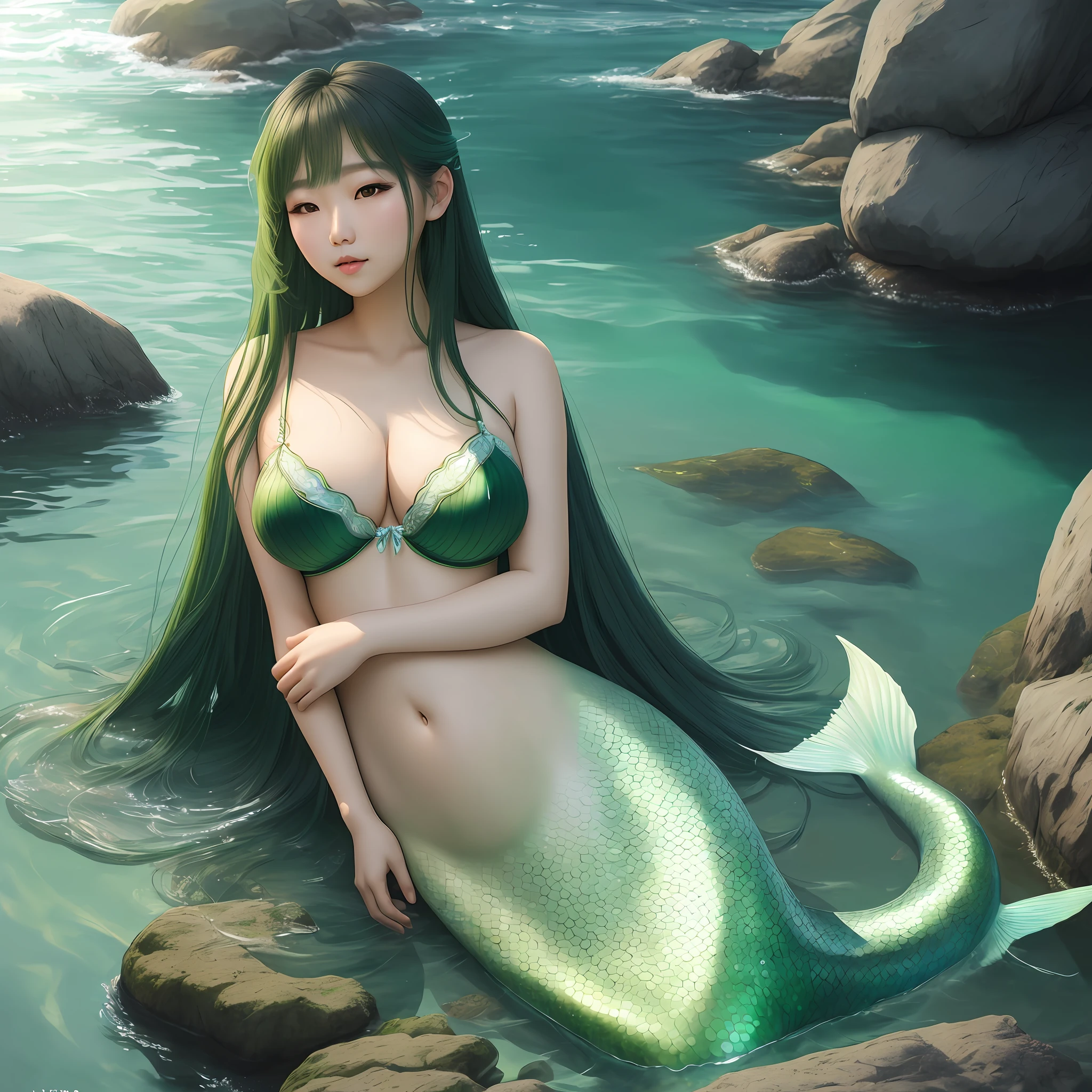 portrait of a beautiful south korean asian mermaid sitting on a rock, pretty face, big breasts covered by delicate light green lingerie, perfect realistic mermaid tail of shiny light green color, beautiful long black straight hair, smooth, portrait, high resolution, 8k, painting, masterpiece