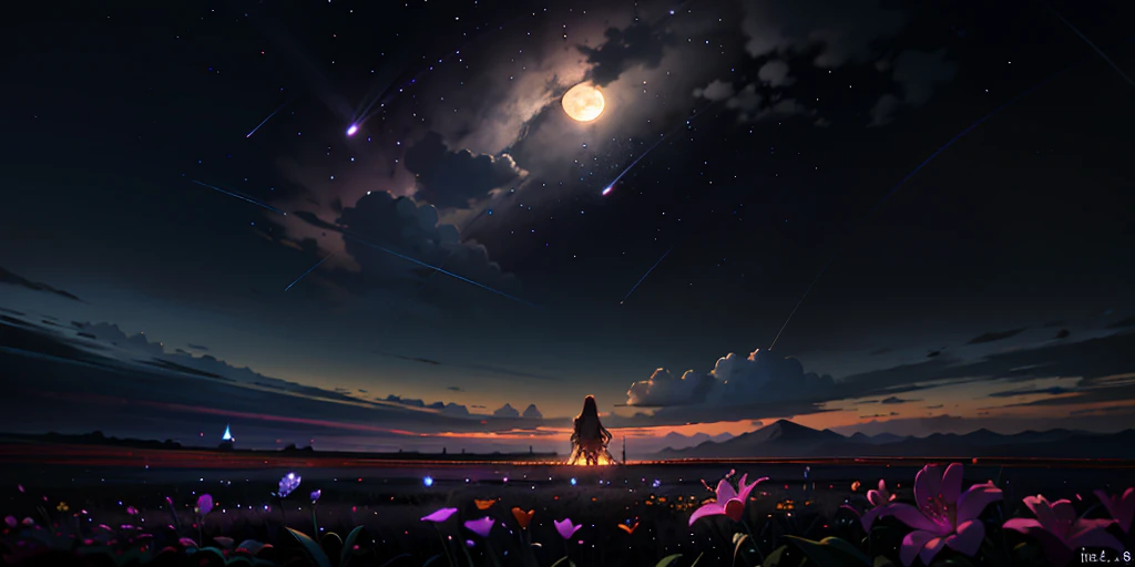 Landscape photos (seen from below, sky above, field below), flower fields (full moon: 1.2), (meteors: 0.9), (nebulae: 1.3), distant mountains, trees break crafting art, (warm lights: 1.2), (fireflies: 1.2), lights, lots of purple and orange, intricate details, volume lighting BREAK (masterpiece: 1.2), (highest quality), 4k, super detail, (Dynamic Configuration: 1.4), rich in detail and color, (Iridescent: 1.2), (Glow, Atmospheric Lighting), Dreamy, Magical,