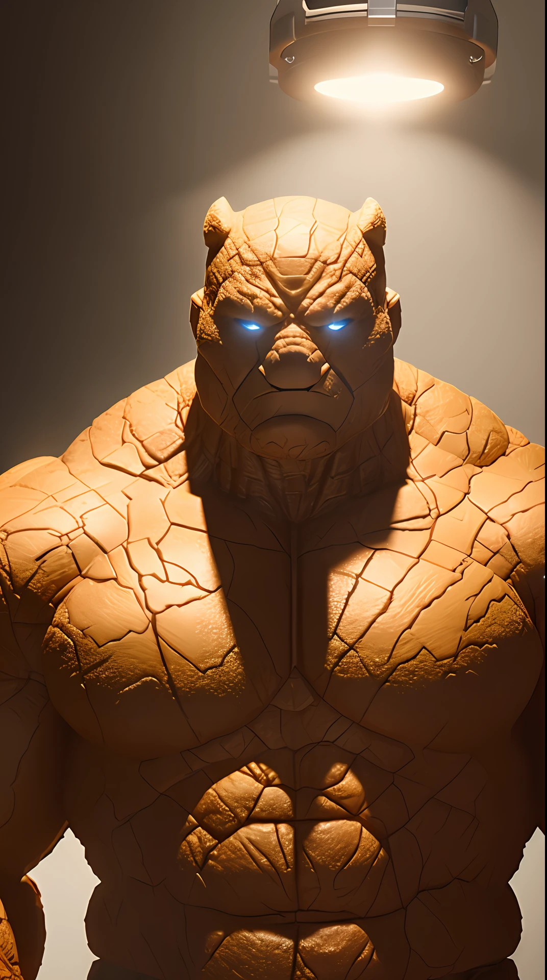 Cinematic soft lighting illuminates a stunningly detailed and ultra-realistic Ben Grimm The Thing of the Fantastic Four, blue uniform that is trending on ArtStation. Octane is the perfect tool to capture the softest details of this 16k photography masterpiece
