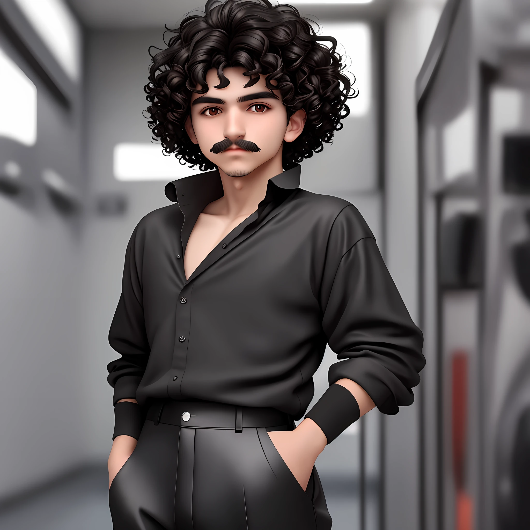An 18-year-old, short mustache with brunette skin with black curly hair style 3c dressed in a black wide-sleeved shirt and black pants