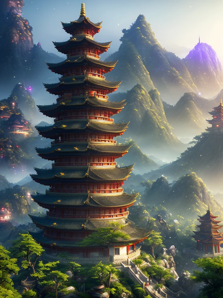 arafed mountain with a pagoda in the middle of it, a matte painting by Fan Qi, Artstation contest winner, fantasy art, cyberpunk chinese ancient castle, chinese landscape, beautiful render of a landscape, realistic fantasy render, unreal engine 4k wallpaper, chinese fantasy, 8k high quality detailed art, digital painting of a pagoda, 4k highly detailed digital art