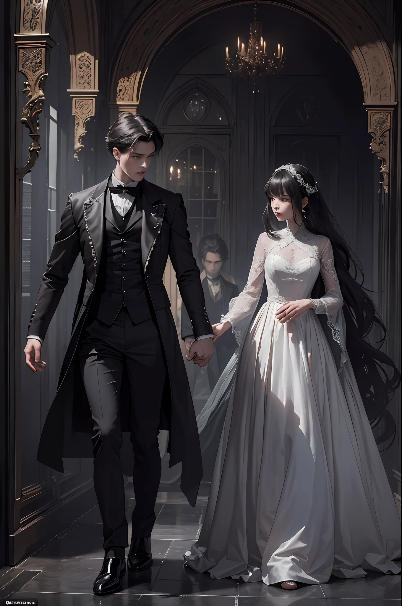 Official Art, Unity 8k wallpaper, super detailed, beautiful, beautiful, masterpiece, best quality,
darkness, atmosphere, mystery, romanticism, creepy, literature, art, fashion, victorian, decoration, intricacies, ironwork, lace, contemplation, emotional depth, supernatural,
One boy and one girl, two people, neck, ( full body composition)