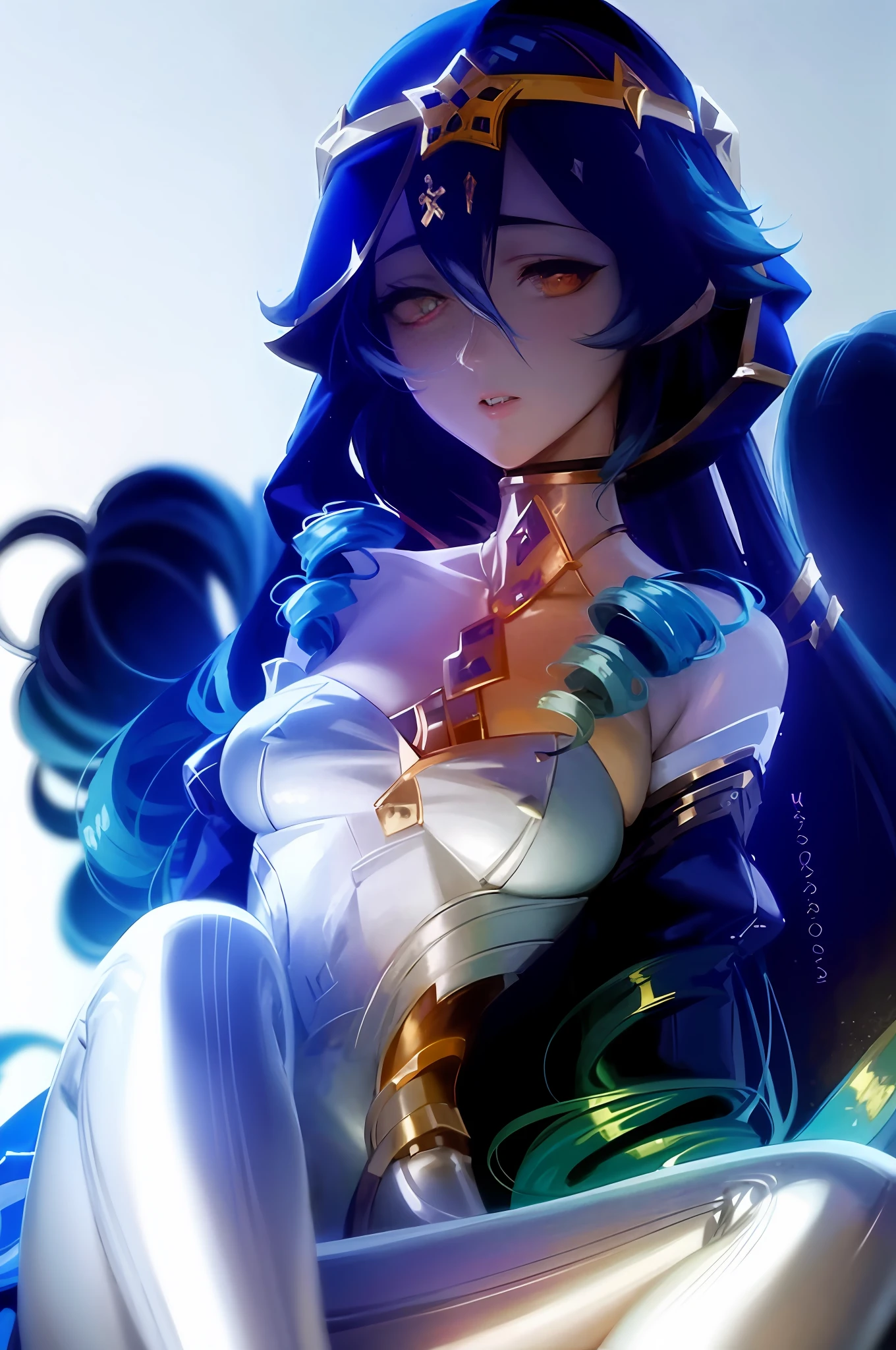 anime girl with blue hair and white dress sitting on a chair, portrait knights of zodiac girl, detailed digital anime art, albedo from overlord, digital anime art, digital anime illustration, :: rossdraws, anime styled digital art, rossdraws global illumination, advanced digital anime art, anime styled 3d, knights of zodiac girl, stylized anime