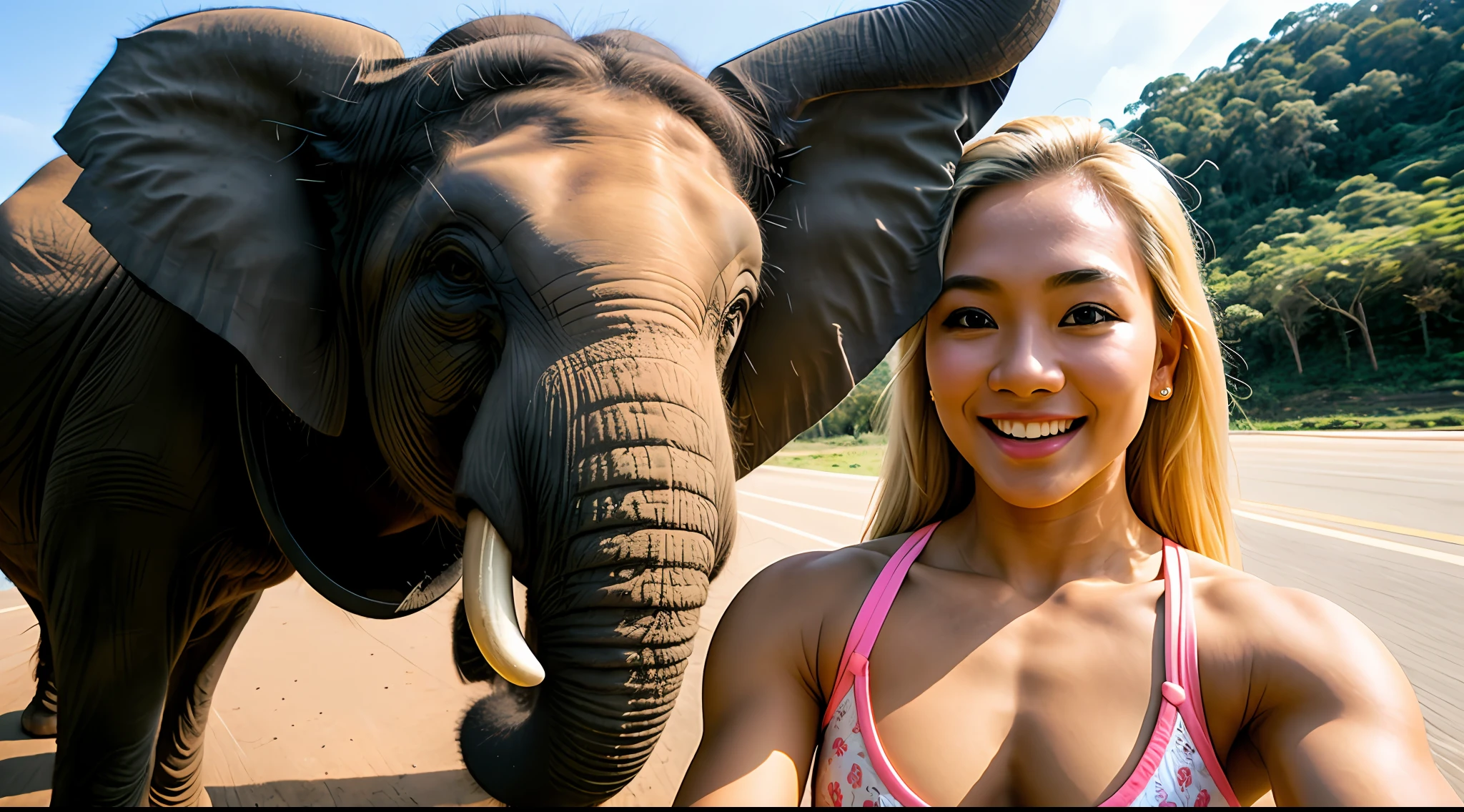 young beautiful Thai woman, blond hair, bodybuilder physique, riding an elephant, happy, taking selfies, close up, half body, masterpiece, best quality, ultra-detailed, cheerful,