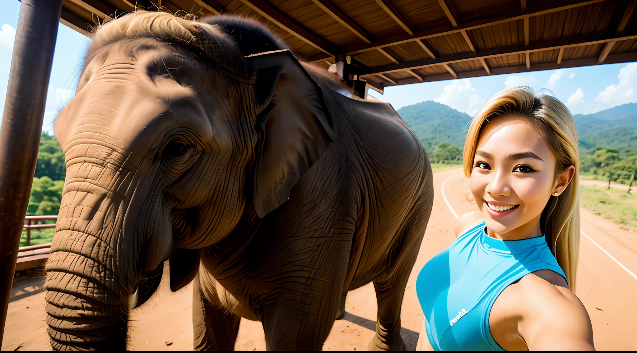young beautiful Thai woman, blond hair, bodybuilder physique, riding an elephant, happy, taking selfies, close up, half body, masterpiece, best quality, ultra-detailed, cheerful,