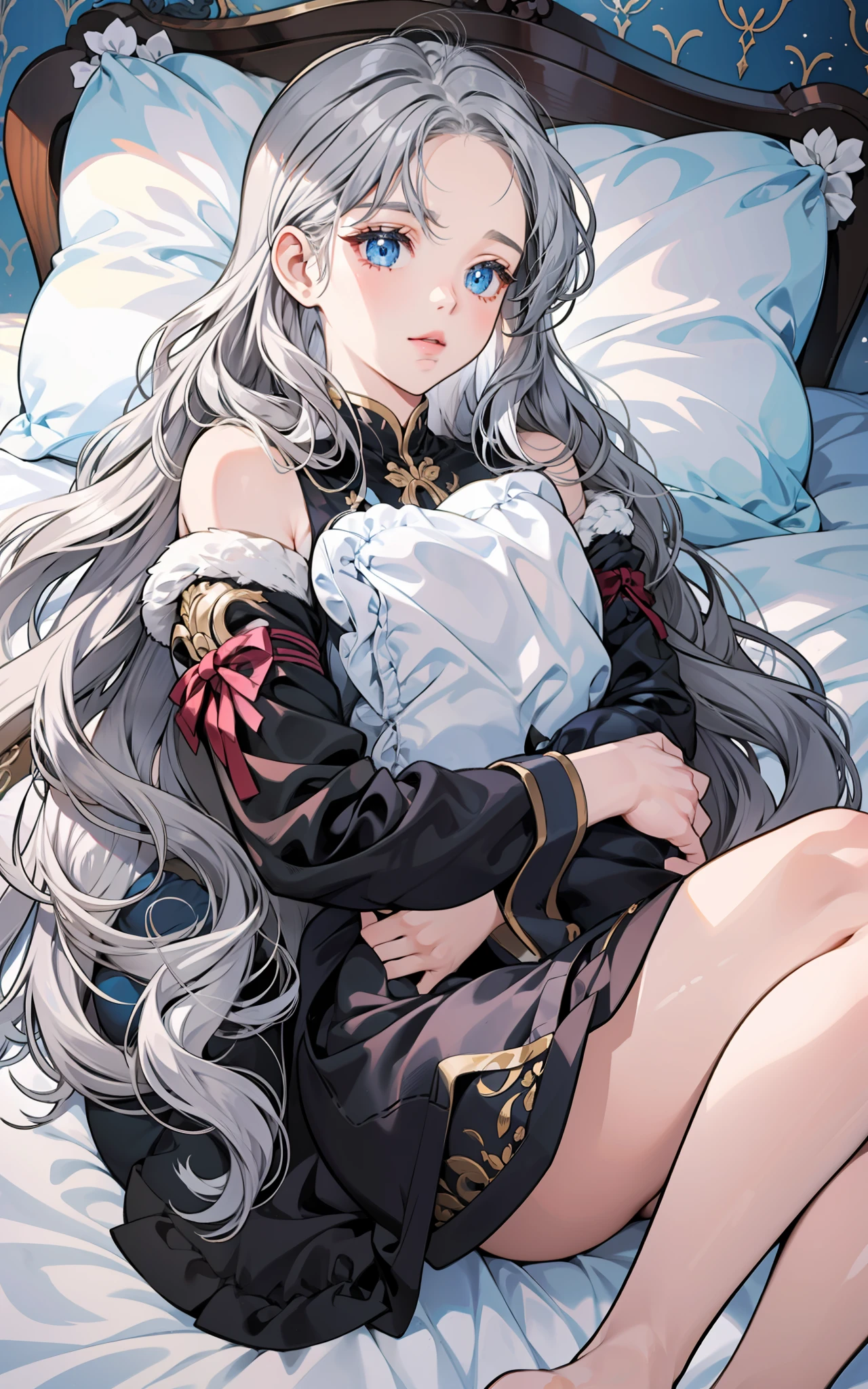 Girl with semi-long wavy silver hair, lying on her bed hugging a pillow, in black pajamas, tender girl room landscape, light blue eyes,