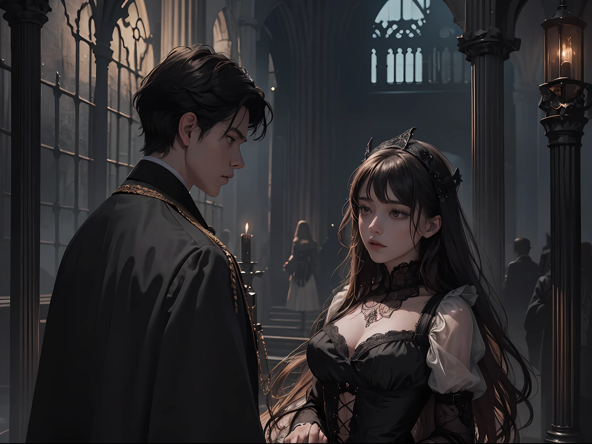 Official Art, Unity 8k wallpaper, super detailed, beautiful, beautiful, masterpiece, best quality,
darkness, atmosphere, mystery, romanticism, creepy, literature, art, fashion, victorian, decoration, intricacies, ironwork, lace, contemplation, emotional depth, supernatural,
A boy, a girl, two people, rebellion, movie shots