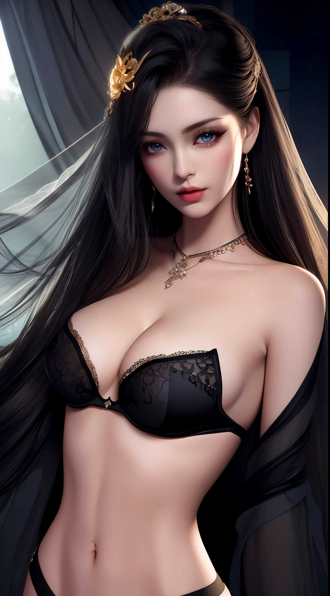 Seraphina is an irresistibly seductive vampire who embodies an enigmatic mystery and mesmerizing beauty. Her long black hair cascades down her shoulders, with delicately textured locks and subtle reflections, which adds depth to her look. Her crystalline blue eyes, with a penetrating hue, are enhanced by long, voluminous lashes, conveying a captivating and mysterious look. His perfectly arched eyebrows contribute to his intense expression. Seraphina's skin is flawless, with a pale, luminous tone. The smooth texture of the skin is enhanced by subtle contours and shadows, creating a three-dimensional and realistic appearance. The delicate features of the face, such as slightly flushed cheekbones and slightly reddened lips, add a touch of sensuality and mystery. Dressed in lush black lingerie, Seraphina displays the artist's mastery in minute detail. The strategically placed lace and cutouts are expertly represented, showing the attention to detail in the creation of the illustration. Using shading and lighting techniques, the image highlights Seraphina's body shapes, creating a three-dimensional effect that adds depth and realism. The folds and creases of the lingerie fabric are accurately represented, conveying a sense of texture and movement. Seraphina is a unique character created with care and dedication, resulting in a captivating and engaging figure that comes to life on the pages of a book or on the screens of a monitor. best quality, masterpiece, high resolution, 1girl, lingerie dress china, hair ornament, necklace, jewelry, beautiful face, upon_body, tyndall effect, photorealistic, dark studio, rim lighting, two-tone lighting, (highly detailed skin: 1.2), 8k uhd, dslr, soft lighting, high quality, volumetric lighting, sincere, photography, high resolution, 4k, 8k, Bokeh, medium breasts, light pink lips, without a bra,