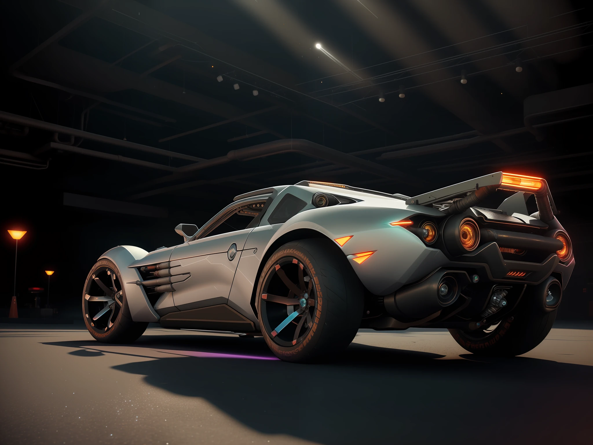 ((futuristic cyberpunk hotrod zeekars)) (with illuminated tires) 3/4 front view, in parking lot, realistic light and shadow effects, realism, ray tracing