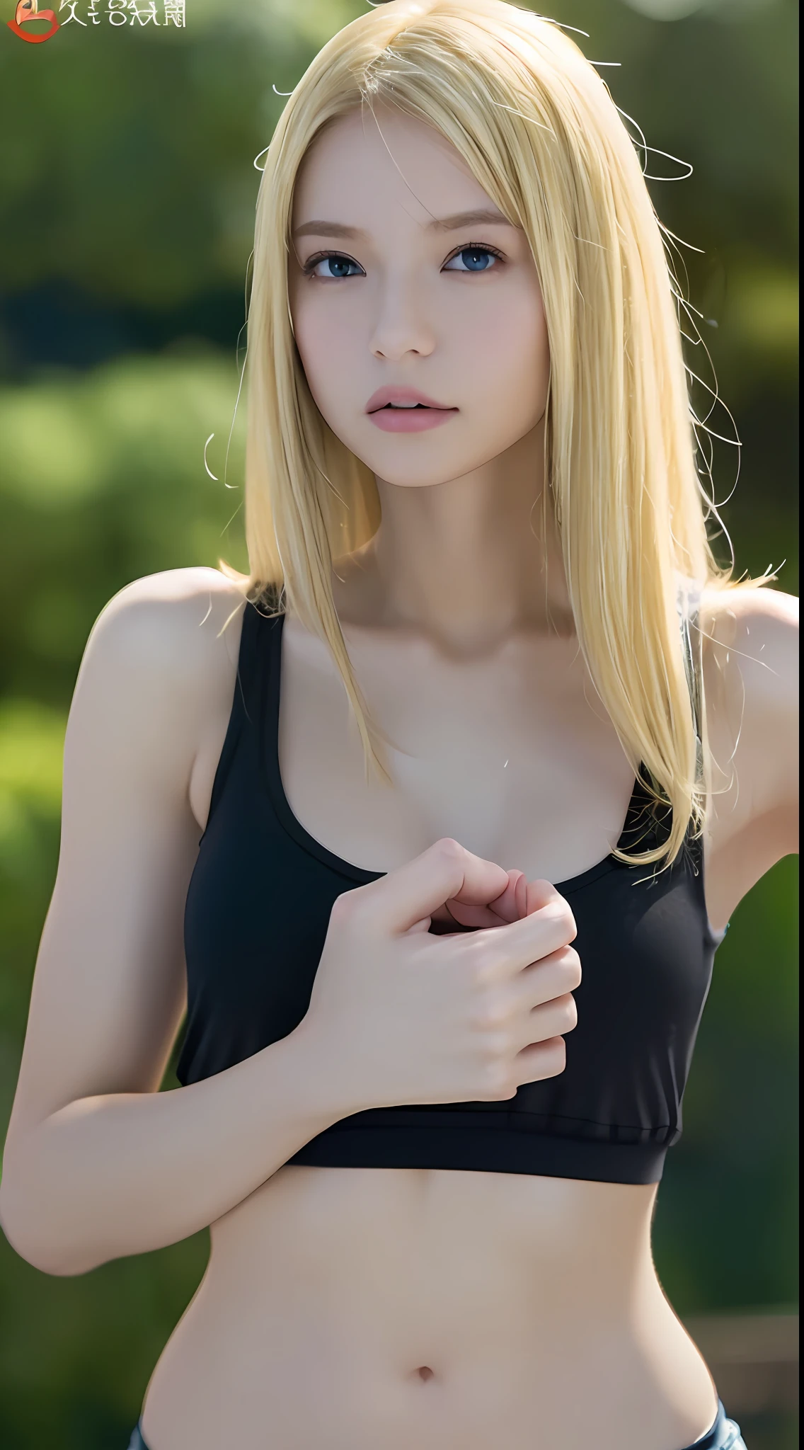 ((Best Quality, 8K, Masterpiece: 1.3)), Full Body, Focus Clear: 1.2, Outstanding Beauty: 1.4, Slender Abs: 1.2, ((Blonde, Big: 1.2)), Black Tank Top, Highly Detailed Face and Skin Texture, Detailed Eyes, Double Eyelids