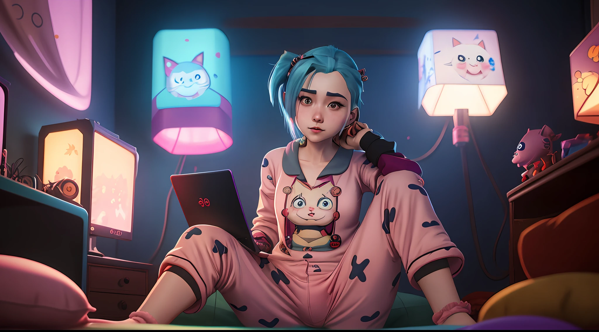 There is an anime girl in cartoon pajamas, at home, sitting on the bed, holding a computer in her hand, 8k art germ bokeh, official character art, Jinx expression