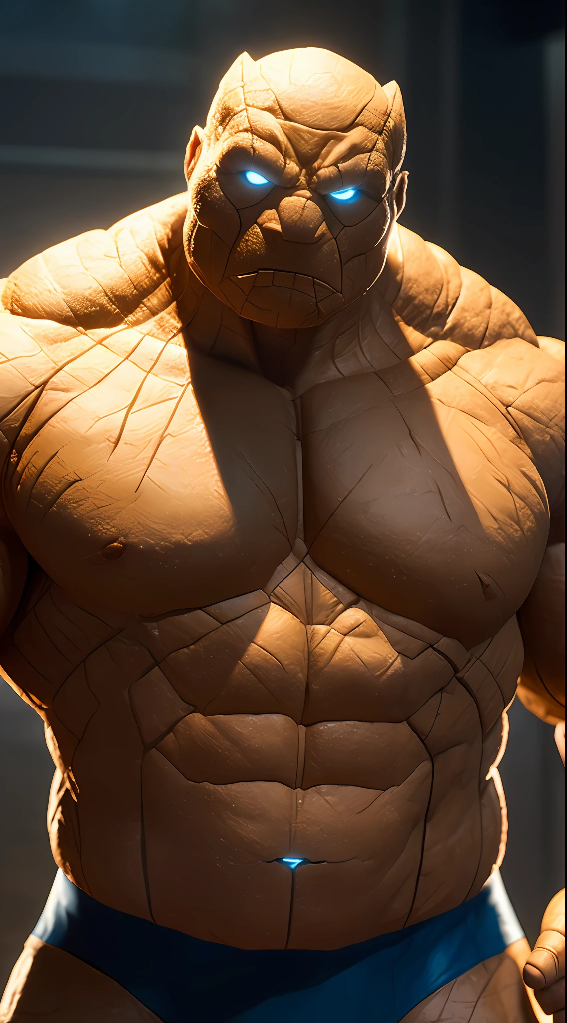 Cinematic soft lighting illuminates a stunningly detailed and ultra-realistic Ben Grimm The Thing of the Fantastic Four,super strong, muscular, in blue uniform that is trending on ArtStation. Octane is the perfect tool to capture the softest details of this 16k photography masterpiece