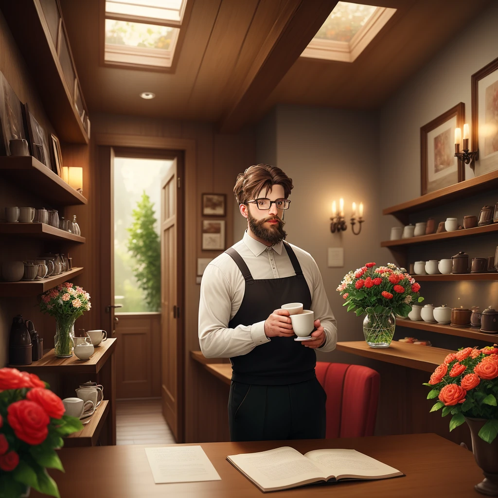 (best quality, masterpiece), rework, highly realistic image, art texture, oil painting, 

[young man with sweater(red:1.3), glasses, beard, drinking coffee in an artistic coffee shop, unique perspective, lots of light, warm colors, sophistication],

[a table with many cups, colorful flowers in a transparent glass vase, apparent brick wall texture, shelves with glass cups and coffee pots, carefully lit details], 

[in the background an entrance with flowers in a garden, blurred, suggesting a quiet and cozy place, reproduction of soft music at low volume in the background]