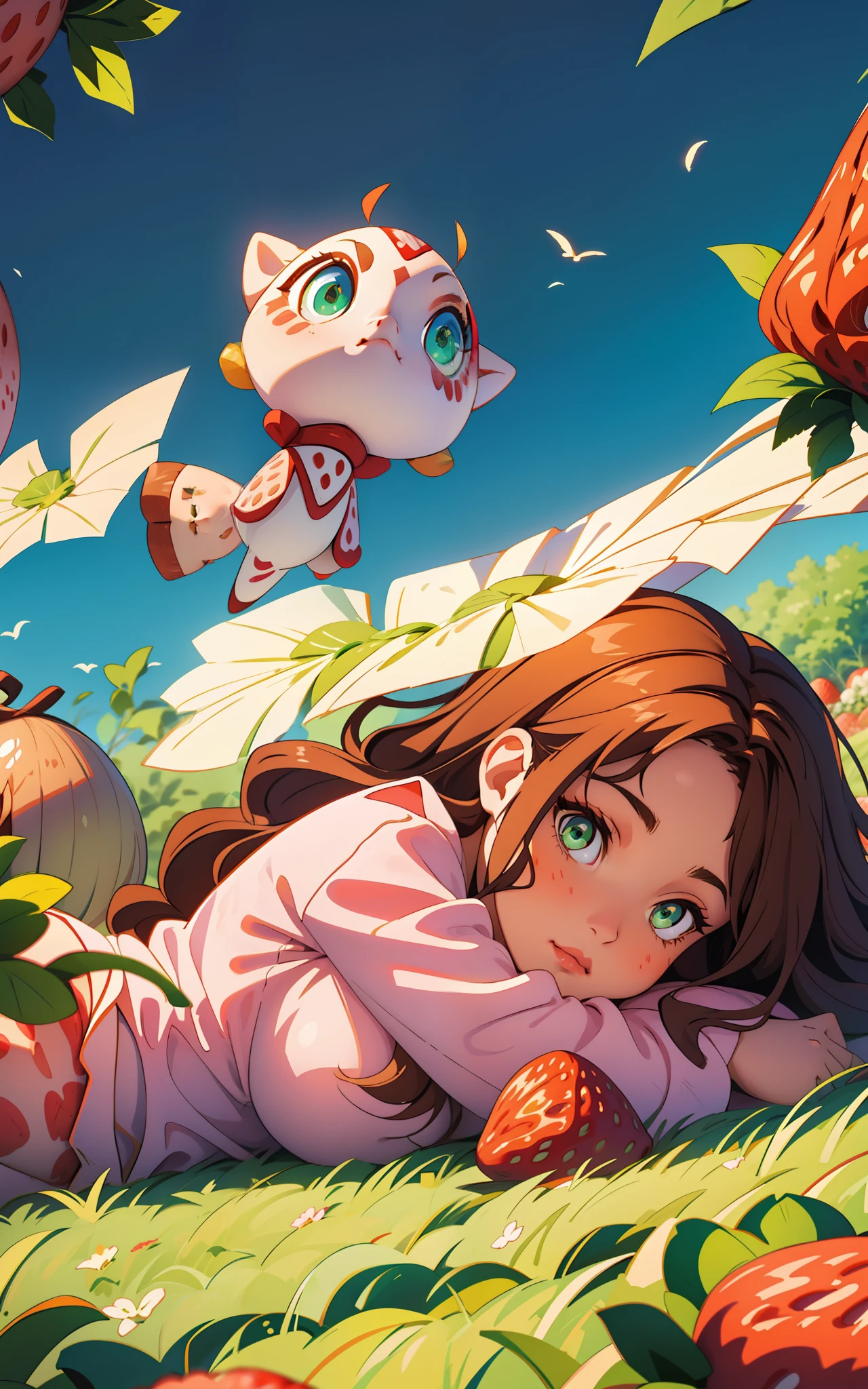 Girl with semi-long wavy brown hair, lying on her back hugging a pillow, in tender white pajamas and patterned strawberries, tender girl's scenery, emerald eyes,
