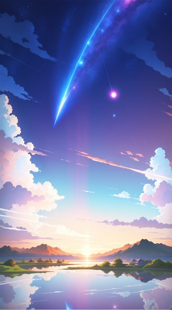 Shooting a painting of shooting stars over the lake, there are two shooting stars, pink and blue shooting stars. The blue sky, the pink-purple lake surface, has a layered color transition. You name it movie style, anime backgrounds, anime movie backgrounds, perfect reflection effects, anime sky, amazing wallpapers, vibrant colors, vibrant colors, bright colors. You name it, colorful anime movie backgrounds, anime clouds, no houses, no buildings, no humans. There are no ships. Beautiful anime scenes, anime background art, cosmic sky. Author: Makoto Shinkai, ufotable art style, anime beautiful peaceful scenes, atmospheric anime