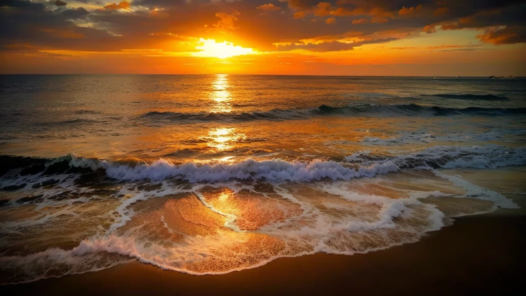 An absolutely mesmerizing sunset on the beach, with a mix of orange, pink, and yellow in the sky. The water is crystal clear, gently kisses the coast, and the white sand is endless. The scene is dynamic and breathtaking, with seagulls soaring high in the sky and palm trees swaying softly. Immerse yourself in the calm atmosphere and let the serenity surround you.