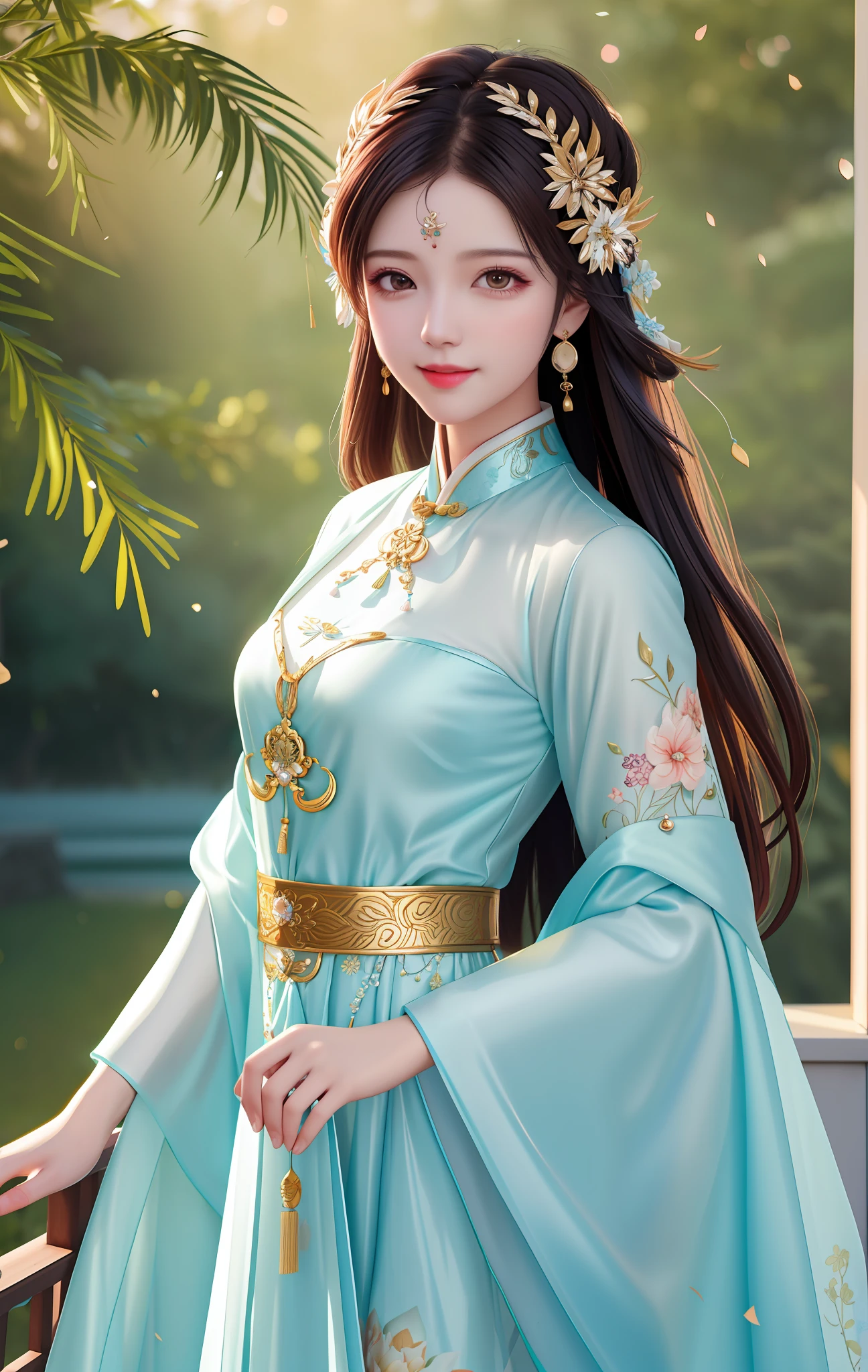best quality, masterpiece, highres, 1girl, transparent silk china dress, hair ornament, looking at viewer, smile, closed mouth,lips, dress,hair ornament, necklace, jewelry, chinese clothes, long hair, earrings, Beautiful face,upon_body, tyndall effect,photorealistic, rim lighting, two tone lighting,(high detailed skin:1.2), 8k uhd, dslr, soft lighting, high quality, volumetric lighting, candid, Photograph, high resolution, 4k, 8k, Bokeh, in garden, morning