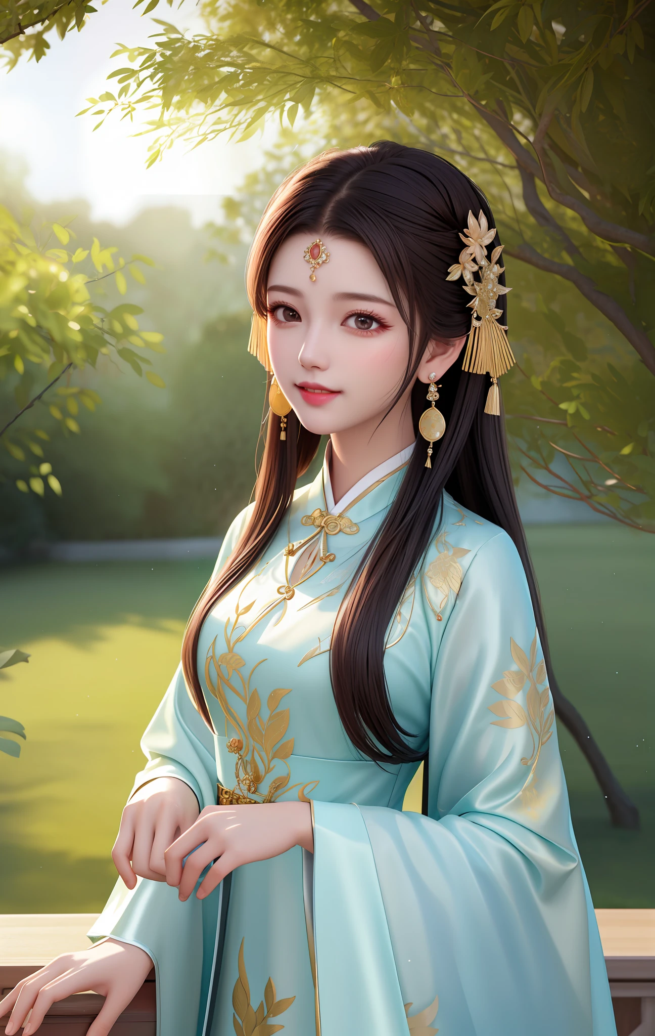 best quality, masterpiece, highres, 1girl, transparent silk china dress, hair ornament, looking at viewer, smile, closed mouth,lips, dress,hair ornament, necklace, jewelry, chinese clothes, long hair, earrings, Beautiful face,upon_body, tyndall effect,photorealistic, rim lighting, two tone lighting,(high detailed skin:1.2), 8k uhd, dslr, soft lighting, high quality, volumetric lighting, candid, Photograph, high resolution, 4k, 8k, Bokeh, in garden, morning