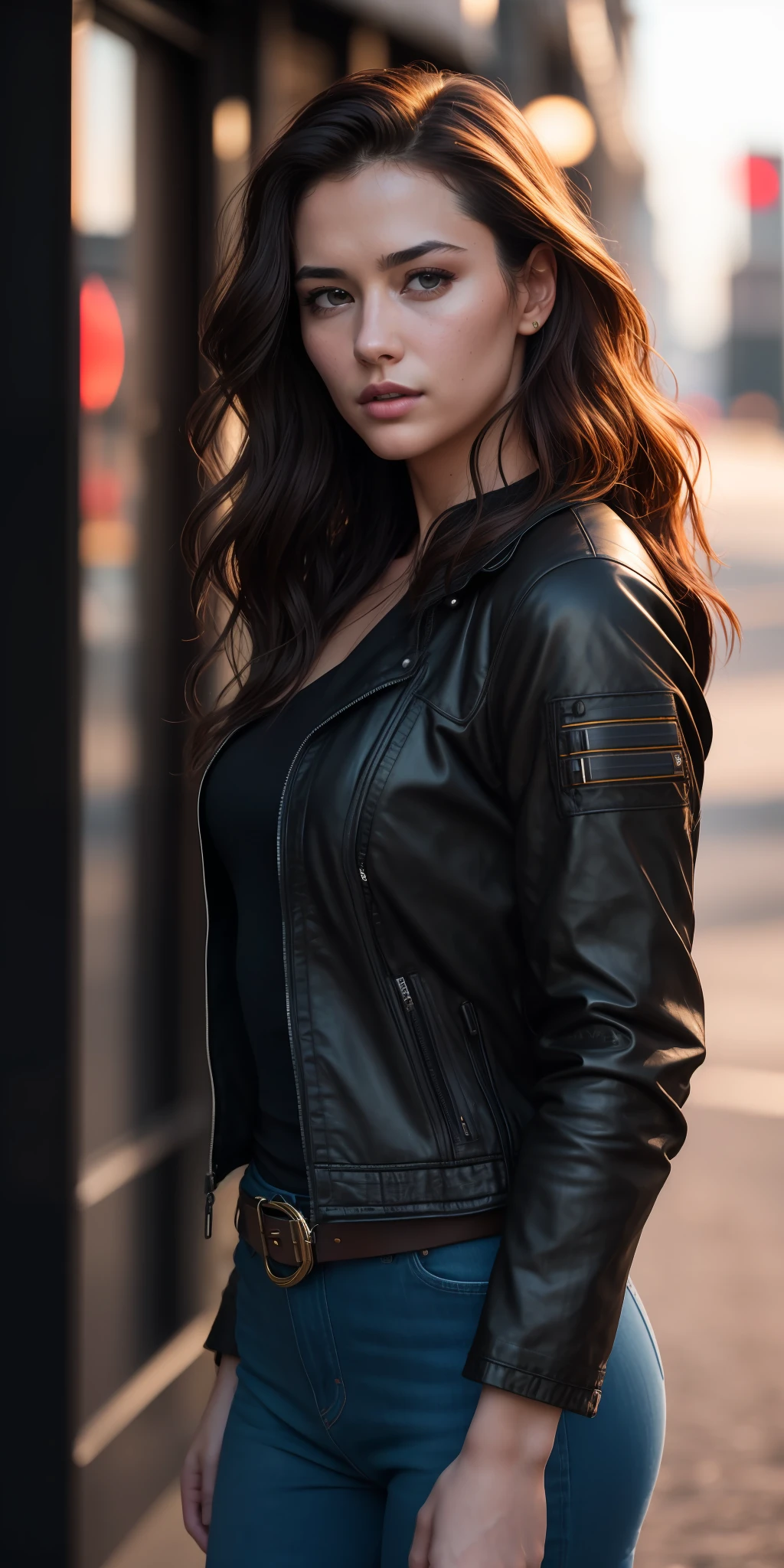 Full face portrait photo of a 25-year-old European girl, RAW, beautiful woman, semi-open strawberry lips, dimples, wistful look, (extra long wavy brown hair), ((detailed face)), ((detailed facial features)), (finely detailed skin), pale skin, (deep neckline detailed high-tech cyberpunk dress), cyberpunk megacity environment, (cool colors), damp, damp, reflections, (masterpiece) (perfect proportion)(realistic photo)(best quality) (detailed) shot on a Canon EOS R5, 50mm lens, F/2.8, HDR, (8k) (wallpaper) (cinematic lighting) (dramatic lighting) (sharp focus) (intricate), RAW photo, RAW photo, gigachad photo, posing for camera, black jeans, back arms, 8k uhd, dslr, high quality, grain film, Fujifilm XT3, film stock photography 4 kodak portra 400 camera f1.6 lens rich colors hyper realistic texture dramatic lighting unrealengine trend in artstation cinestill 800 tungsten, toughboy style, ultra focus face, intimidating, in fighting position, short messy hair, muscular, bursting veins, beaded