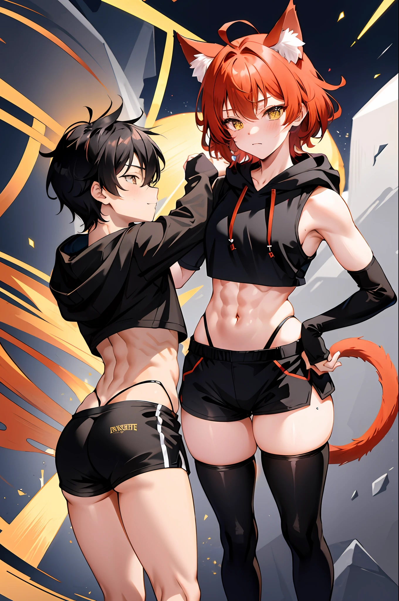 cat ears, 1boy, gold eyes, red hair, fluffy short hair, cat tail, vibrant, HD, black tight hoodie, black booty shorts, accurate hands, blush, black thigh socks, smug, wide hips, big thighs, toned abs, black shoes, flat chest, accurate legs, masterpiece