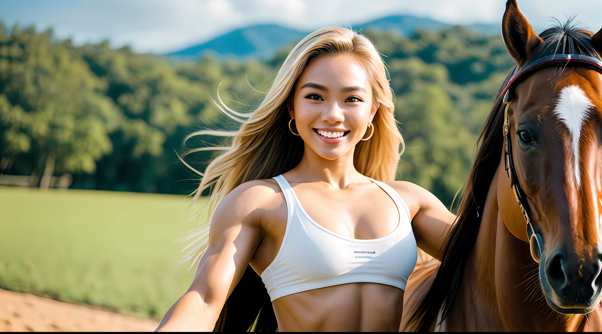 young beautiful Thai woman, blond hair, bodybuilder physique, riding a horse, happy, taking selfies, close up, half body, masterpiece, best quality, ultra-detailed, cheerful,