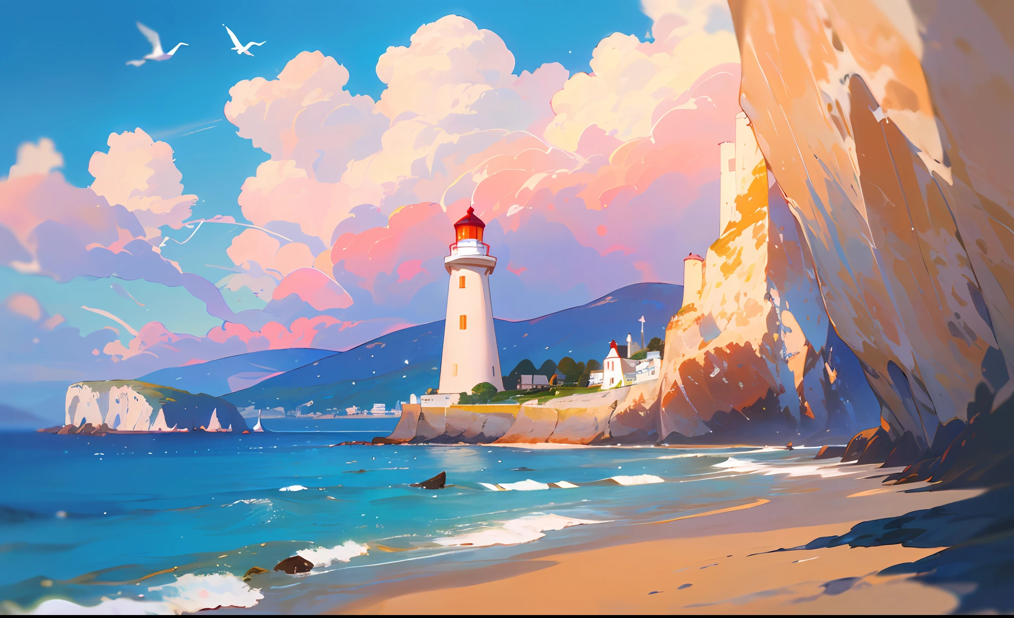 (masterpiece, best quality: 1.1), wide angle, from below, (white cliff), mountain, blue ocean, low tide, waves, rocky beach, trajectory, seagull, horizon, breeze, summer, morning, clear sky, clouds, calm, fresh air, sailboat, lighthouse, depth of field