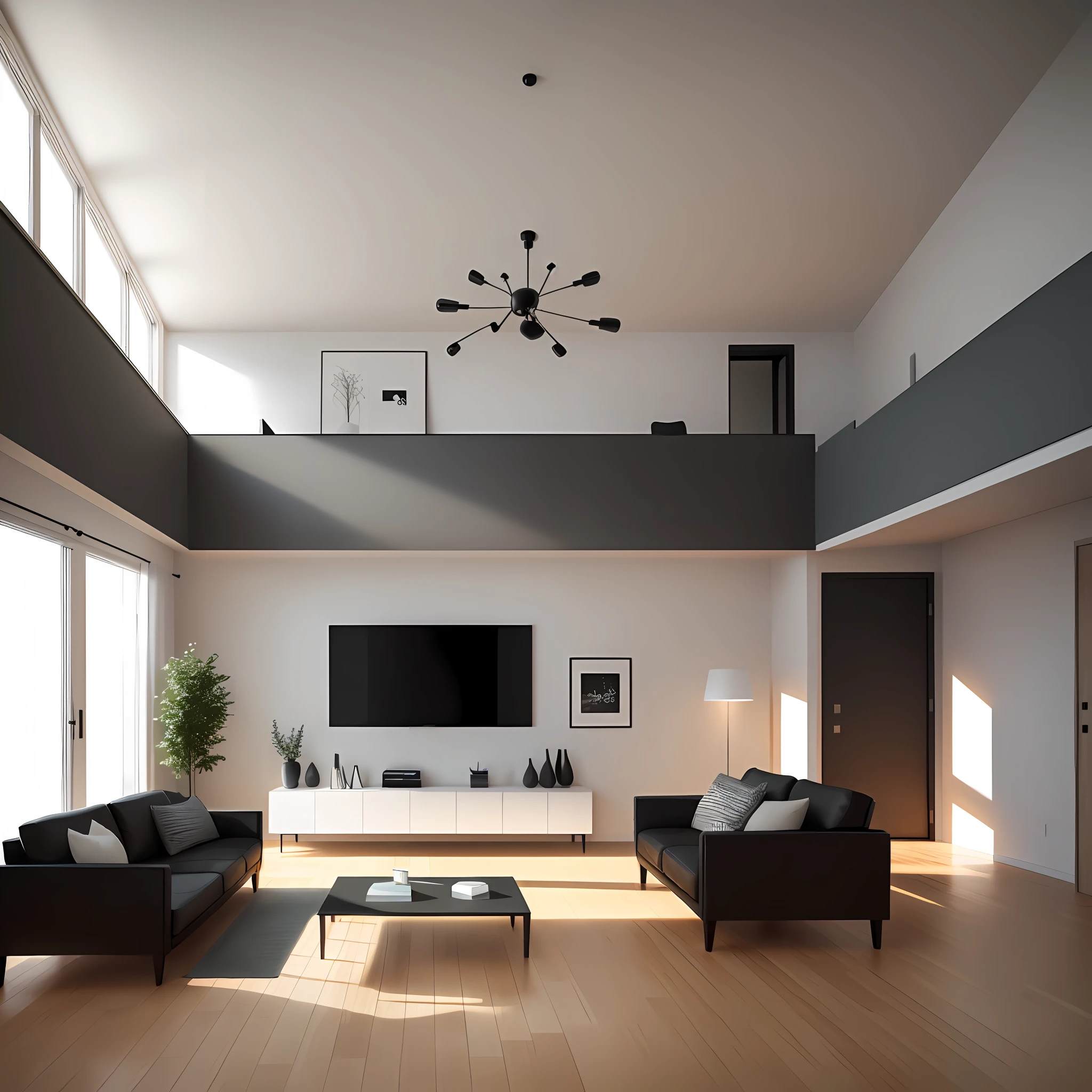 Large living room, minimalist, Nordic style, prime time, volumetric lights, OC rendering
