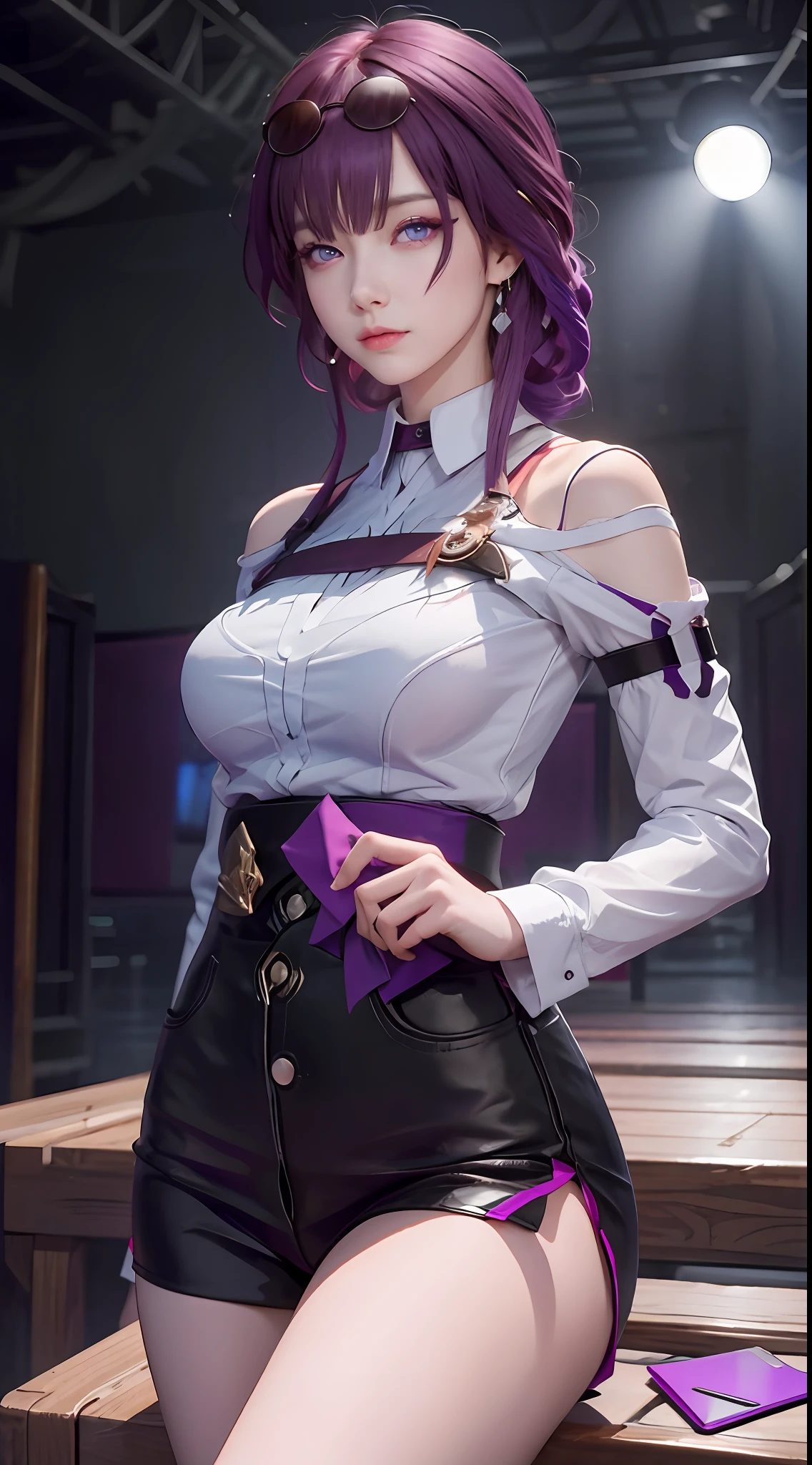 Masterpiece, Best Quality, 1girl, Official, Two Purple Eyes, Purple Hair, Bustiness, Cowboy Shot, Looking at the Audience, Dark, (Darkness), Cinematic Light, Edge Light, Detailed Eyes, (pureerosface_v1:0.5), Looking at the Audience, (Realisticity: 1.2), Provocative, Honkai Star Track, Arrogant, Bangs Evil Face, Fantasy Background, Symmetry of Left and Right Eyes