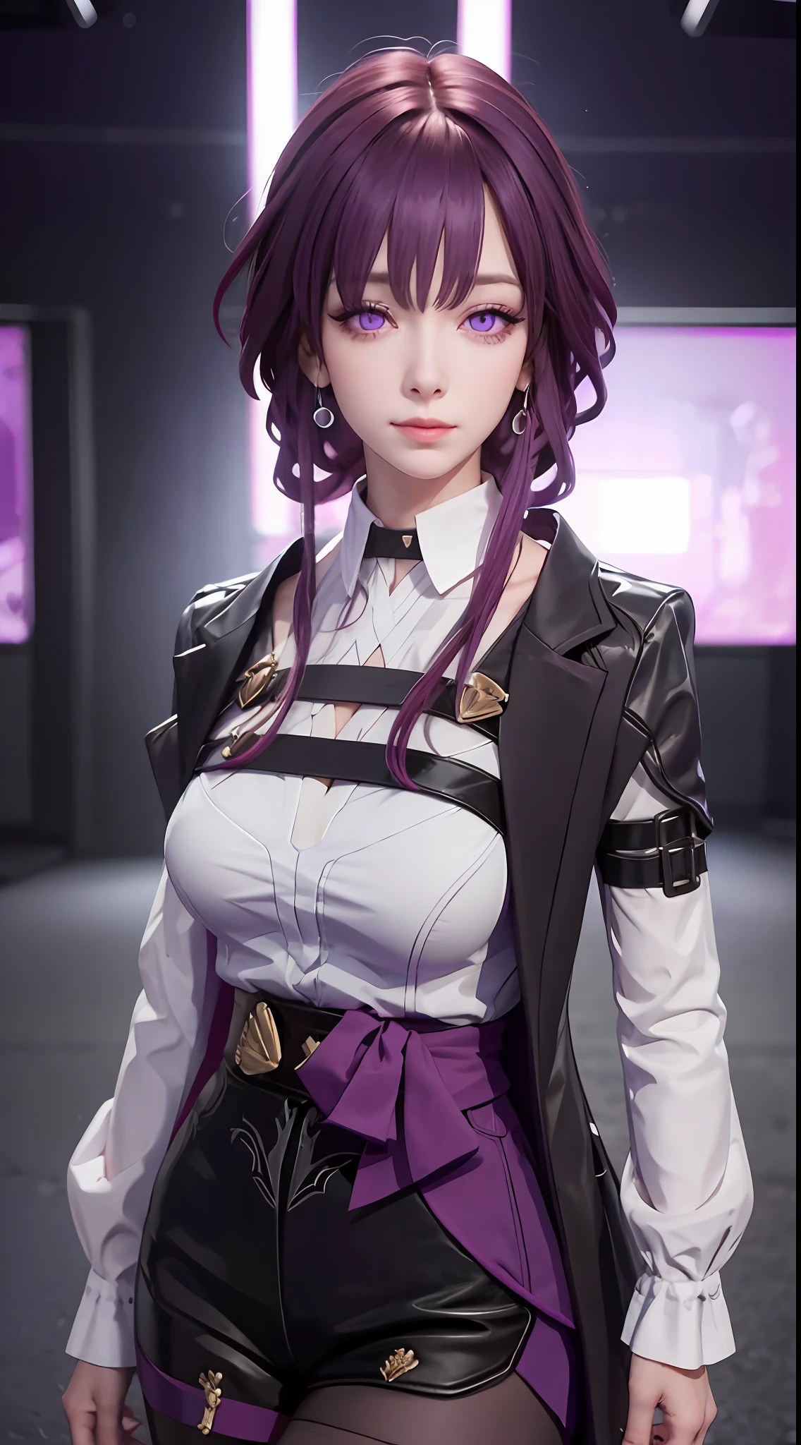 Masterpiece, Best Quality, 1girl, Official, Two Purple Eyes, Purple Hair, Bustiness, Cowboy Shot, Looking at the Audience, Dark, (Darkness), Cinematic Light, Edge Light, Detailed Eyes, (pureerosface_v1:0.5), Looking at the Audience, (Realisticity: 1.2), Provocative, Honkai Star Track, Arrogant, Bangs Evil Face, Fantasy Background, Symmetry of Left and Right Eyes