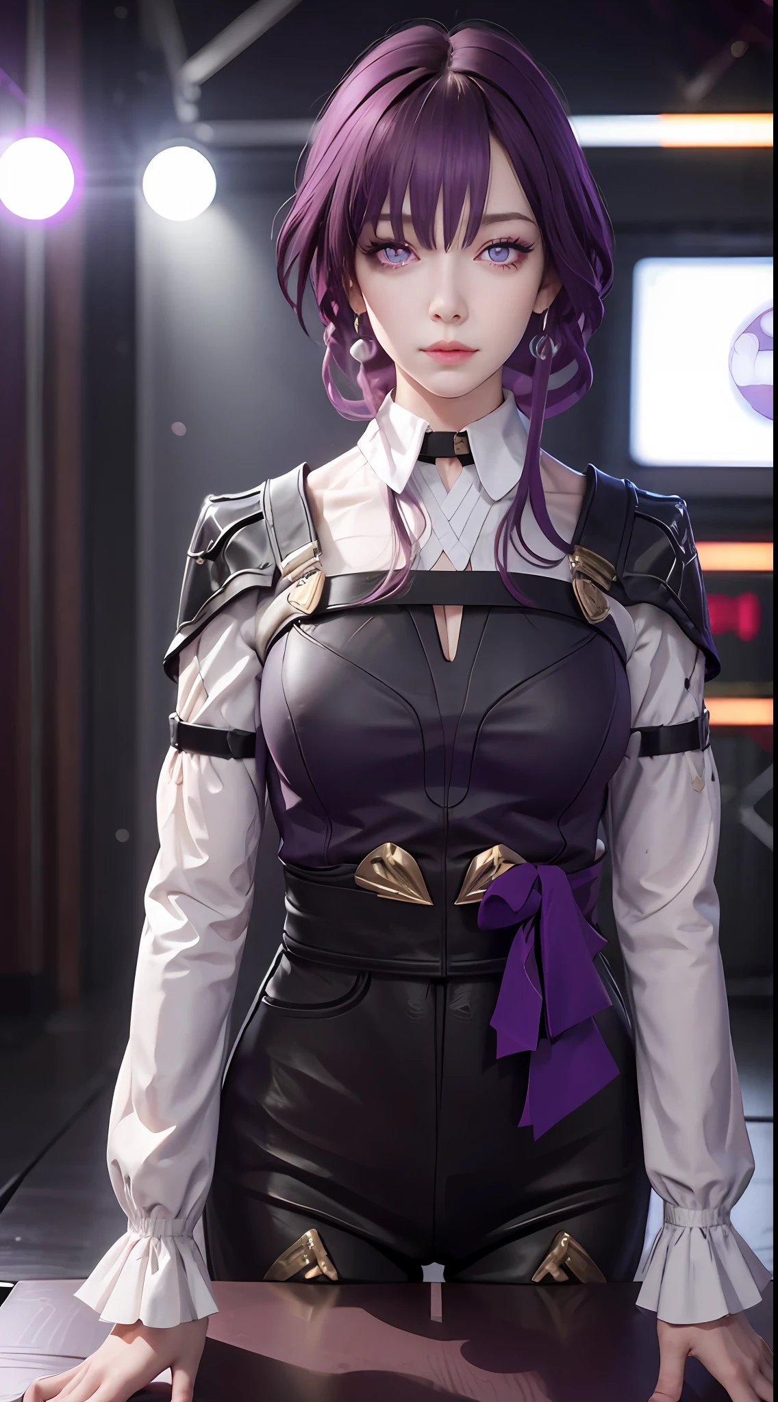 Masterpiece, Best Quality, 1girl, Official, Two Purple Eyes, Purple Hair, Bustiness, Cowboy Shot, Looking at the Audience, Dark, (Darkness), Cinematic Light, Edge Light, Detailed Eyes, (pureerosface_v1:0.5), Looking at the Audience, (Realisticity: 1.2), Provocative, Honkai Star Track, Arrogant, Bangs Evil Face, Fantasy Background, Symmetry of Left and Right Eyes