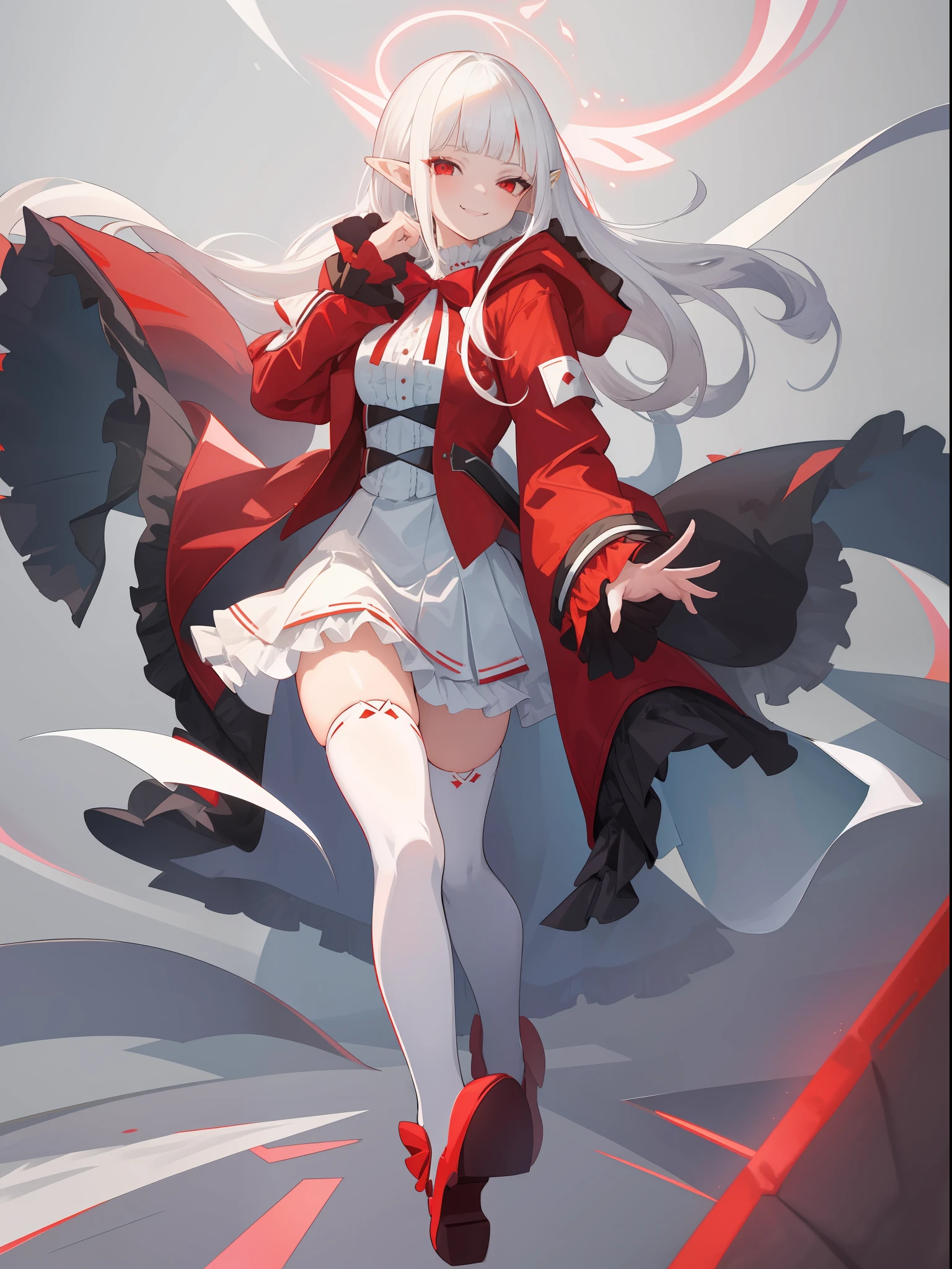 1girl, white hair, bangs, blunt bangs, frilled sleeves, frilled skirt, red windbreaker, hood down, pointy ears, looking at viewer, smile, solo, amused expression, smug, thigh-highs, red eyes, full body, simple background, white background