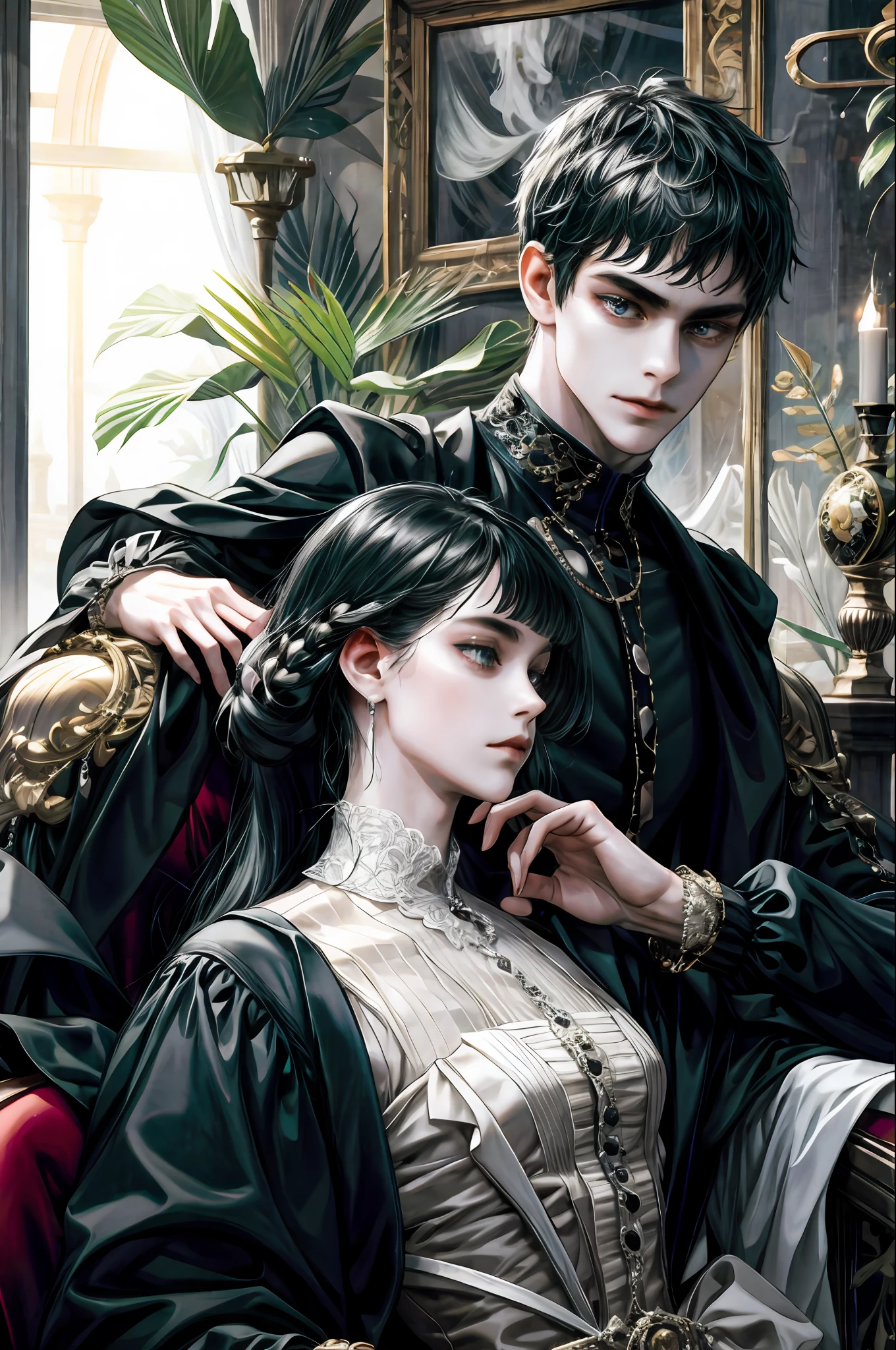 (absurd, high resolution, ultra-detailed), (one boy and one girl), two people, delicate face, rebellious, baroque, long sleeves, elegant, colorful, most detailed, upper body