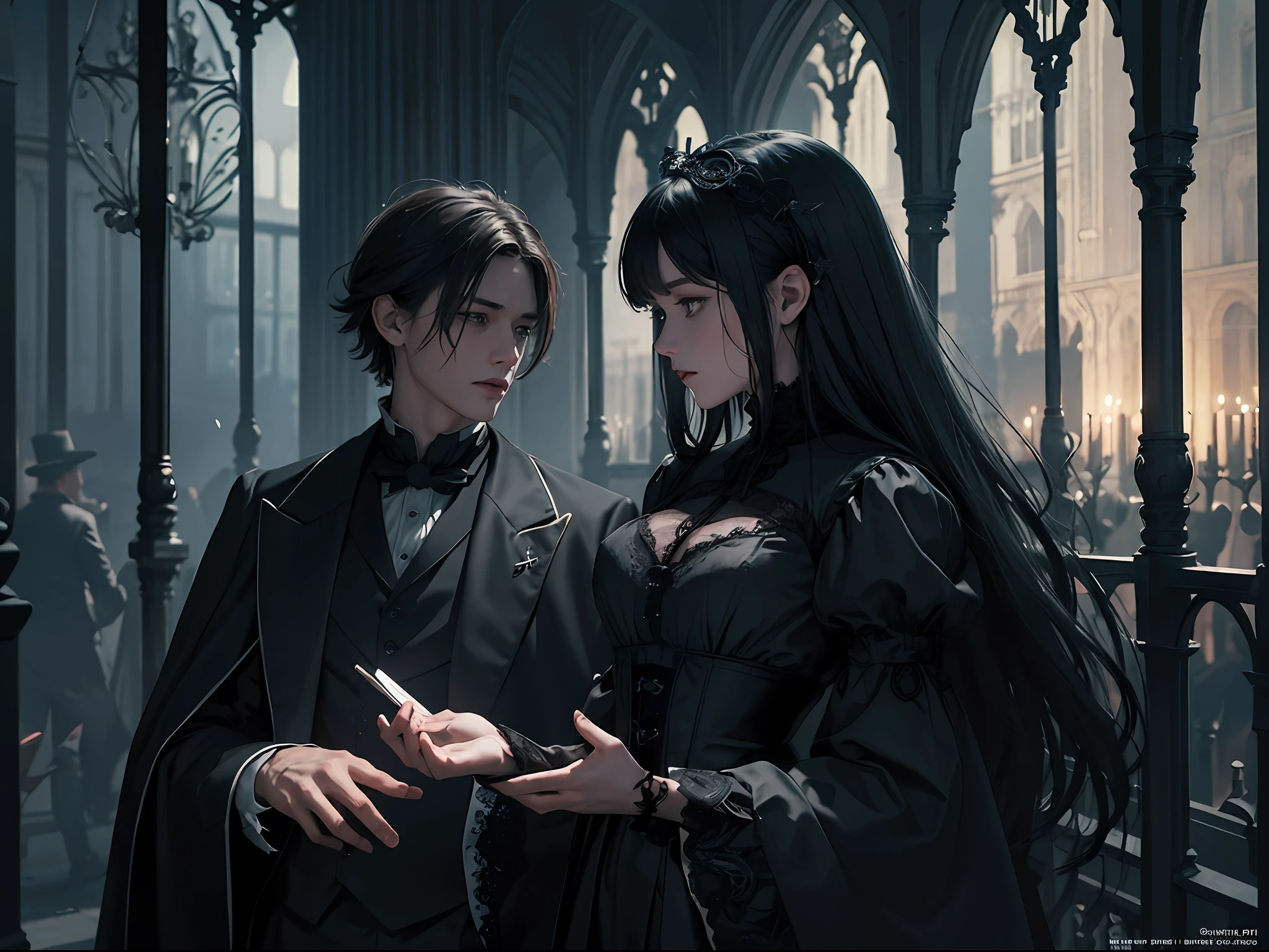 Official Art, Unity 8k wallpaper, super detailed, beautiful, beautiful, masterpiece, best quality,
darkness, atmosphere, mystery, romanticism, creepy, literature, art, fashion, victorian, decoration, intricacies, ironwork, lace, contemplation, emotional depth, supernatural,
A boy, a girl, two people, rebellion, movie shots