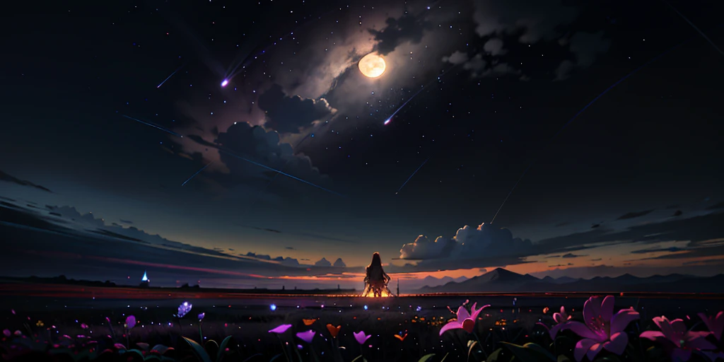 Landscape photos (seen from below, sky above, field below), flower fields (full moon: 1.2), (meteors: 0.9), (nebulae: 1.3), distant mountains, trees break crafting art, (warm lights: 1.2), (fireflies: 1.2), lights, lots of purple and orange, intricate details, volume lighting BREAK (masterpiece: 1.2), (highest quality), 4k, super detail, (Dynamic Configuration: 1.4), rich in detail and color, (Iridescent: 1.2), (Glow, Atmospheric Lighting), Dreamy, Magical,