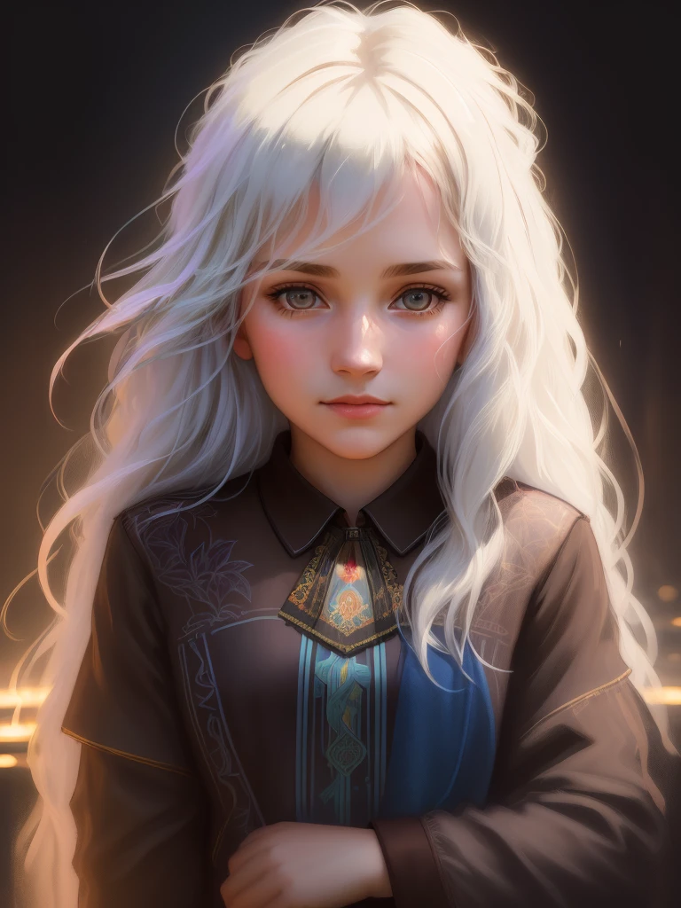 (front focus), (in the dark:1.6), Hyperrealist portrait of female by david hockney and alphonse mucha, fantasy art, photo realistic, dynamic lighting, artstation, poster, volumetric lighting, very detailed faces, 4 k, award winning, 1girl, in the dark, deep shadow, low key, cowboy shot, (official clothing:1.4), long hair, white hair