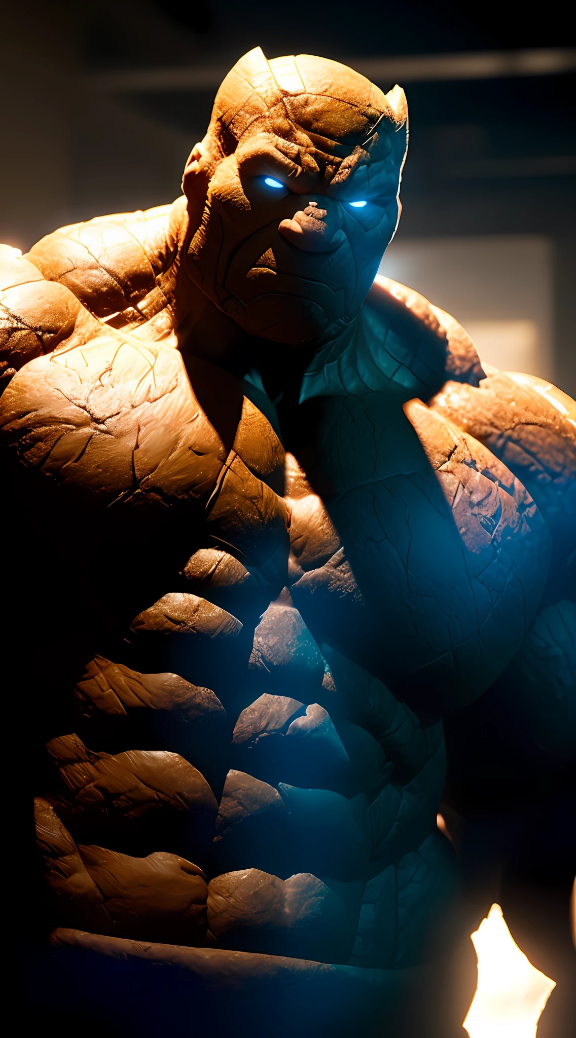 Cinematic soft lighting illuminates a stunningly detailed and ultra-realistic Ben Grimm The Thing of the Fantastic Four,super strong, muscular, in blue uniform that is trending on ArtStation. Octane is the perfect tool to capture the softest details of this 16k photography masterpiece