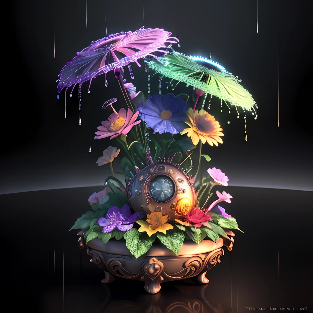 steampunk gasoline engine inside fantasy garden with flowers, pop surrealism, neo-dada, spectacular, spectacle, masterpiece, 3d render, bright colors, oversaturated, depth, spirals, fibonacci sequences, snail's shells, flowers, surreal environment, fractals geometry, rain drops, rococo, bracelets, punk rock, grime, dingey, specular highlights, reflections, ambient occlusion render, detailed,armature, detailed, elaborate, complex, cars, stormy sky, dark sunny atmosphere
