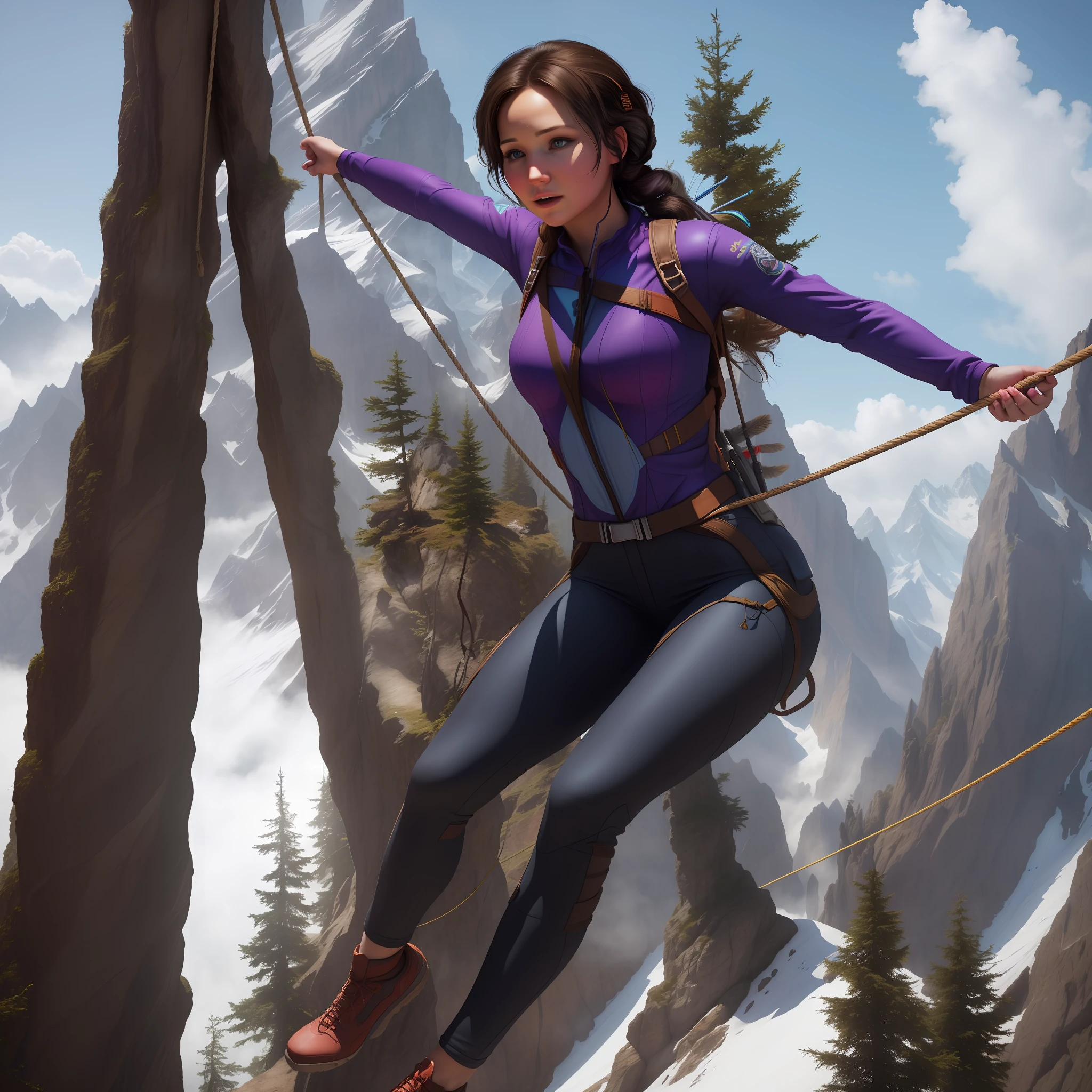 there is a woman that is on a rope in the air, adventure hyper realistic render, katniss everdeen rock climbing, jessica rossier color scheme, giantess art, swinging on a vine over a chasm, commission for high res, in the mountains, girl of the alps, character is in her natural pose, realistic fantasy render, climbing up a cliffside