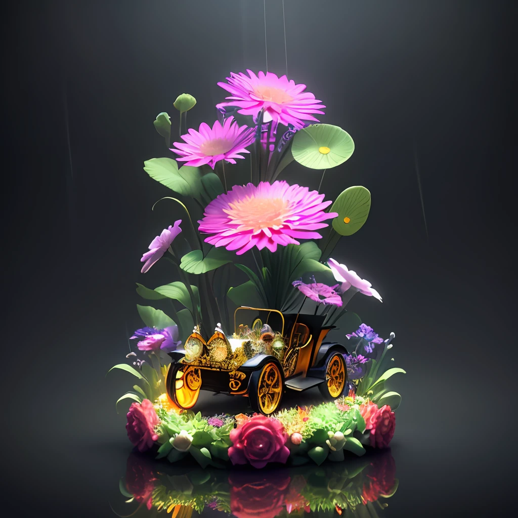 steampunk gasoline engine inside fantasy garden with flowers, pop surrealism, neo-dada, spectacular, spectacle, masterpiece, 3d render, bright colors, oversaturated, depth, spirals, fibonacci sequences, snail's shells, flowers, surreal environment, fractals geometry, rain drops, rococo, bracelets, punk rock, grime, dingey, specular highlights, reflections, ambient occlusion render, detailed,armature, detailed, elaborate, complex, cars, stormy sky, dark sunny atmosphere