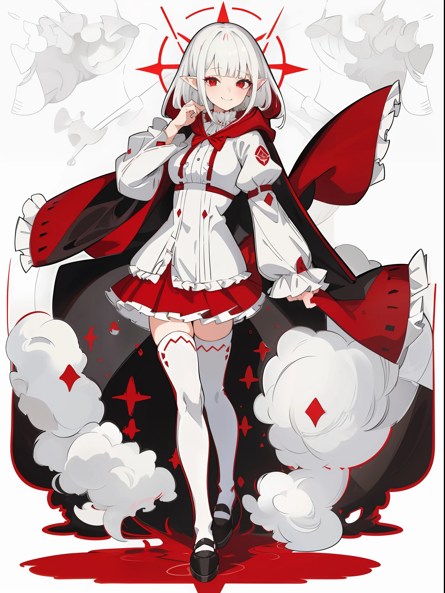 1girl, white hair, bangs, blunt bangs, frilled sleeves, frilled skirt, red windbreaker, hood down, pointy ears, looking at viewer, smile, solo, amused expression, smug, thigh-highs, red eyes, full body, simple background, white background, anime, modern, reference sheet, UHD, best quality
