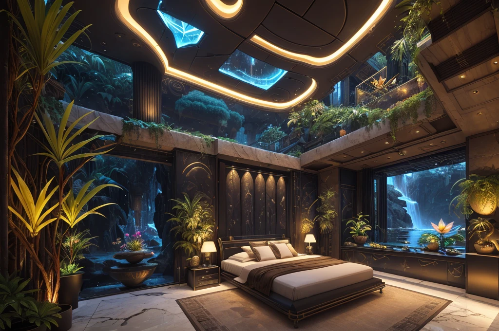 incredible luxurious futuristic bedroom interior in Ancient Egyptian style with many (((lush plants))), ((beautiful flowers)), (lotus flowers), ((palm trees)), rocky walls, ((sand)), ((waterfalls)) (marble), ((precious minerals)), ((metals)), (gemstones), crystals, clouds and ((water)), (curvy futuristic furniture), crocodiles, (hieroglyphics), (((ultra luxury))), (black marble) – with ((beautiful lights)), Unreal Engine, HQ, 16k