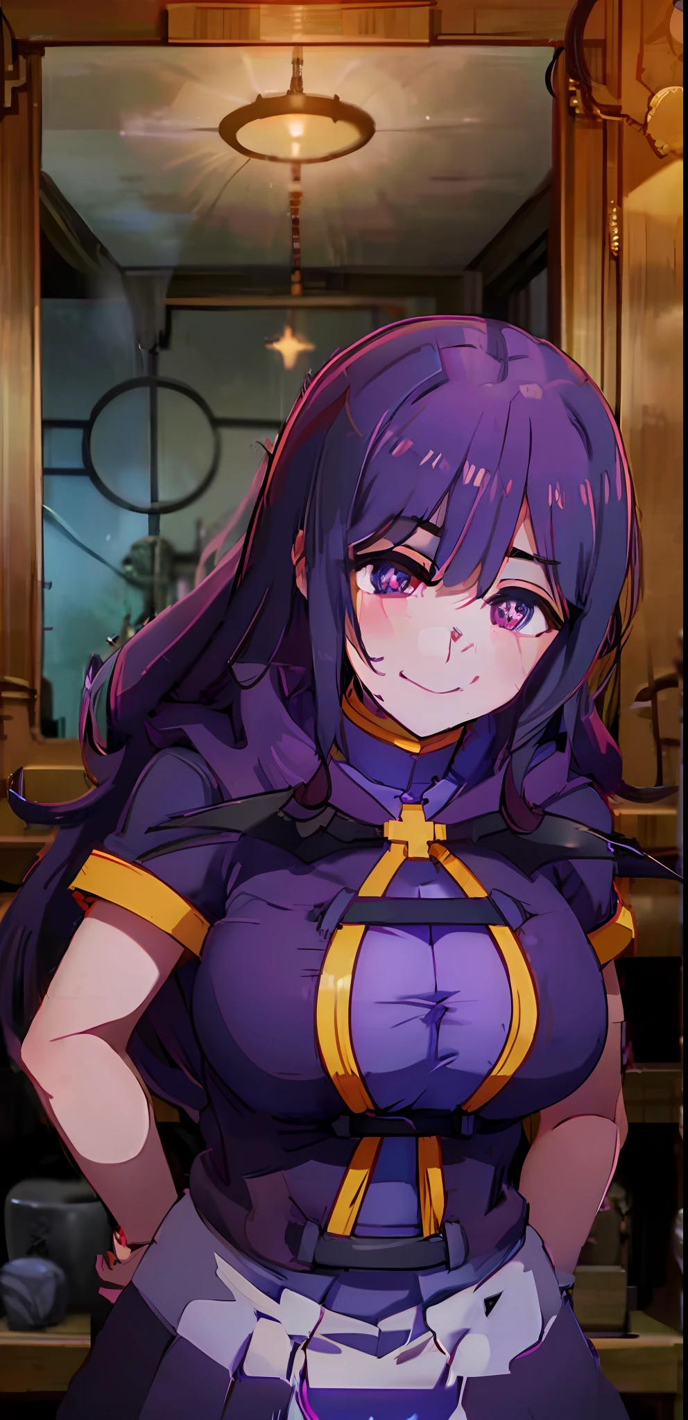 WizKonosuba, 1girl, bangs, large breast,purple hair, hair strand, brown eyes, long hair, portrait, solo, cinematic lighting, hard shadows, studio lighting, depth of field, bokeh, smile, happy, dark castle, castle room, candles