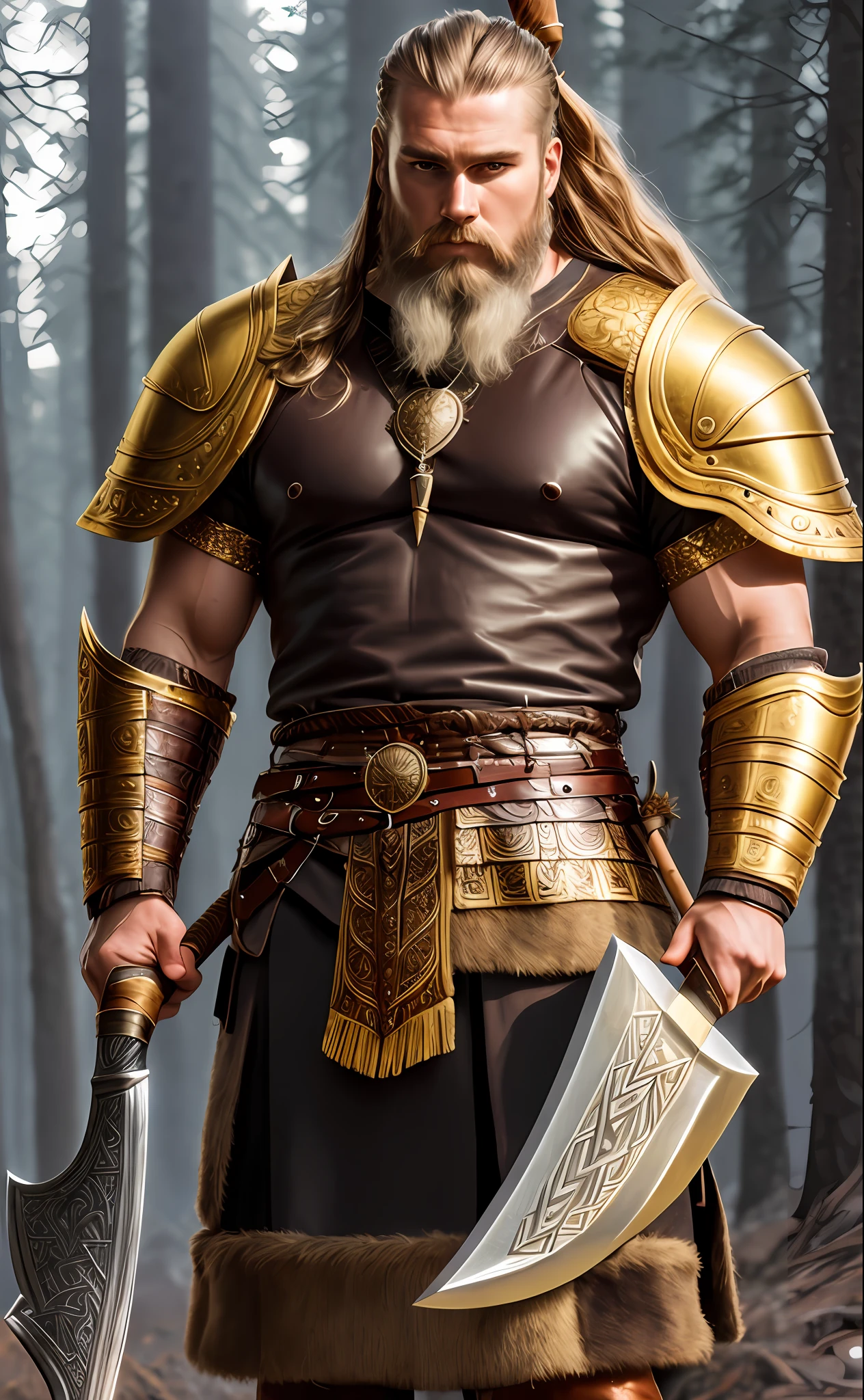 Photo portrait, tall Nordic Viking warrior, brown black hair++, Viking+ beard, (((wearing shining golden armor and a Viking axe,))), detailed skin, huge muscles+, huge muscular thighs+, large bulge, costume, forest, male, manly, looking at the viewer, style model session, (extremely detailed CG), photo of beautiful works of art, (Antonio Moro), (Jeremy Mann), High Detail,  Sharp focus, dramatic+, oil painting++, (photorealistic), Intricate, beautiful, gigachad++,