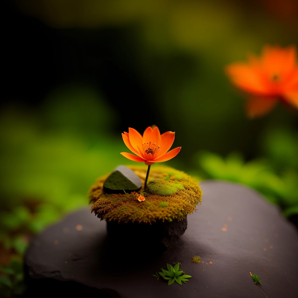 a small orange flower sitting on top of a moss covered rock, fade, slate gray, orange color lookup, (teal and orange:0.7), cinematic colors, vignette, lowkey, glowing, dark depth of field